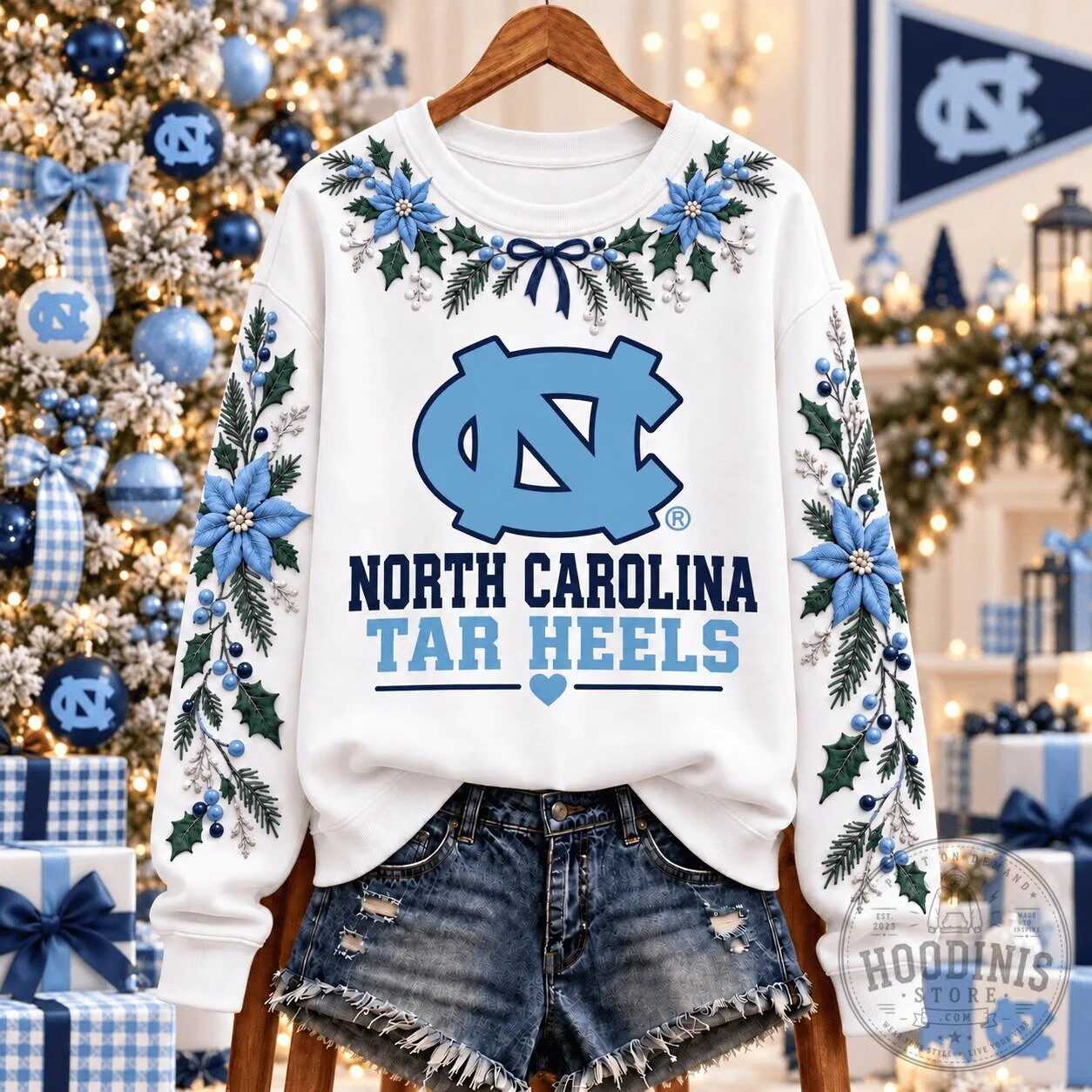 North Carolina Tar Heels Christmas Floral Wreath NCAA White Sweatshirt 5 North Carolina Tar Heels Christmas Floral Wreath NCAA White Sweatshirt
