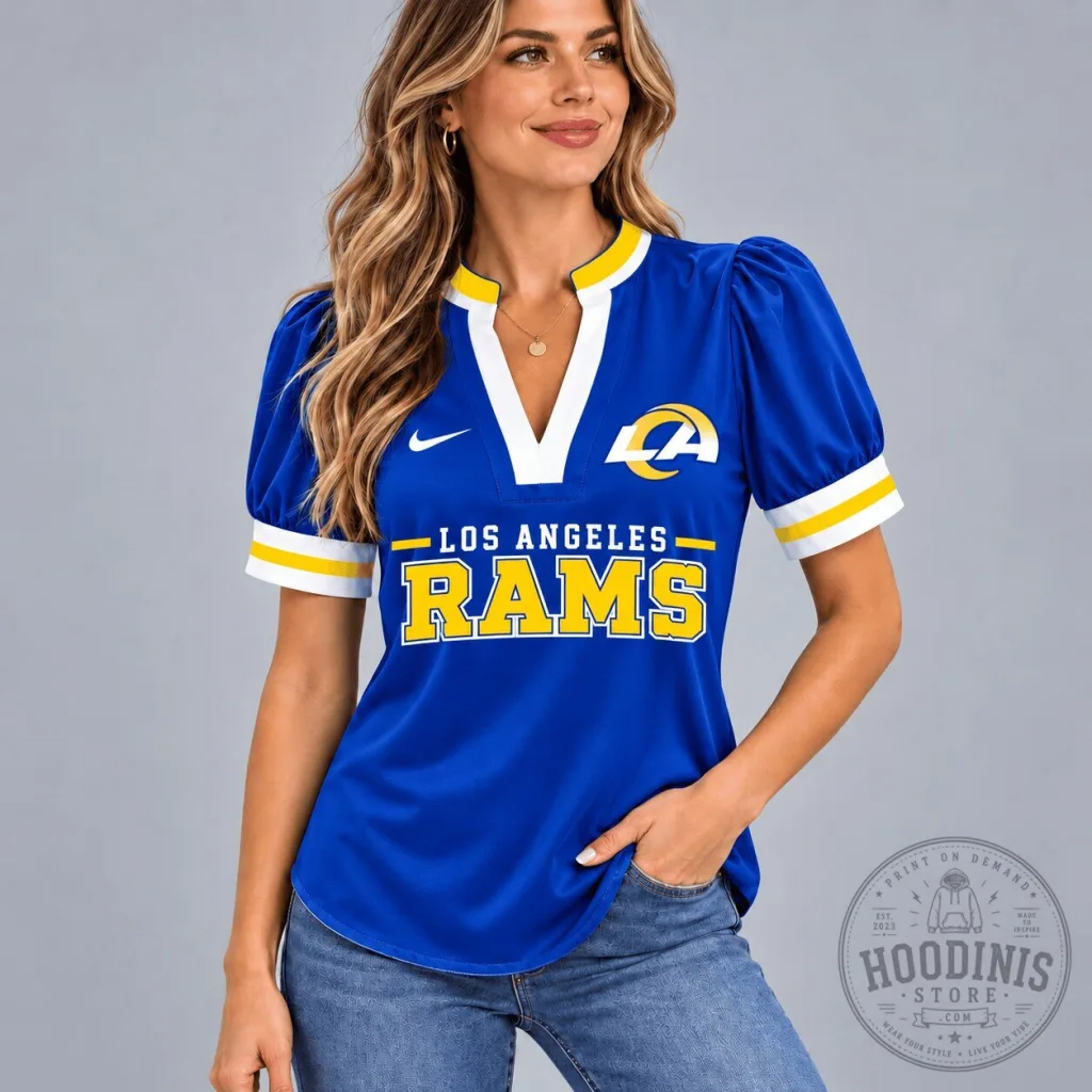 Los Angeles Rams Women's Royal Blue V-Neck Puff Sleeve Football Shirt Los Angeles Rams Women's Royal Blue V-Neck Puff Sleeve Football Shirt
