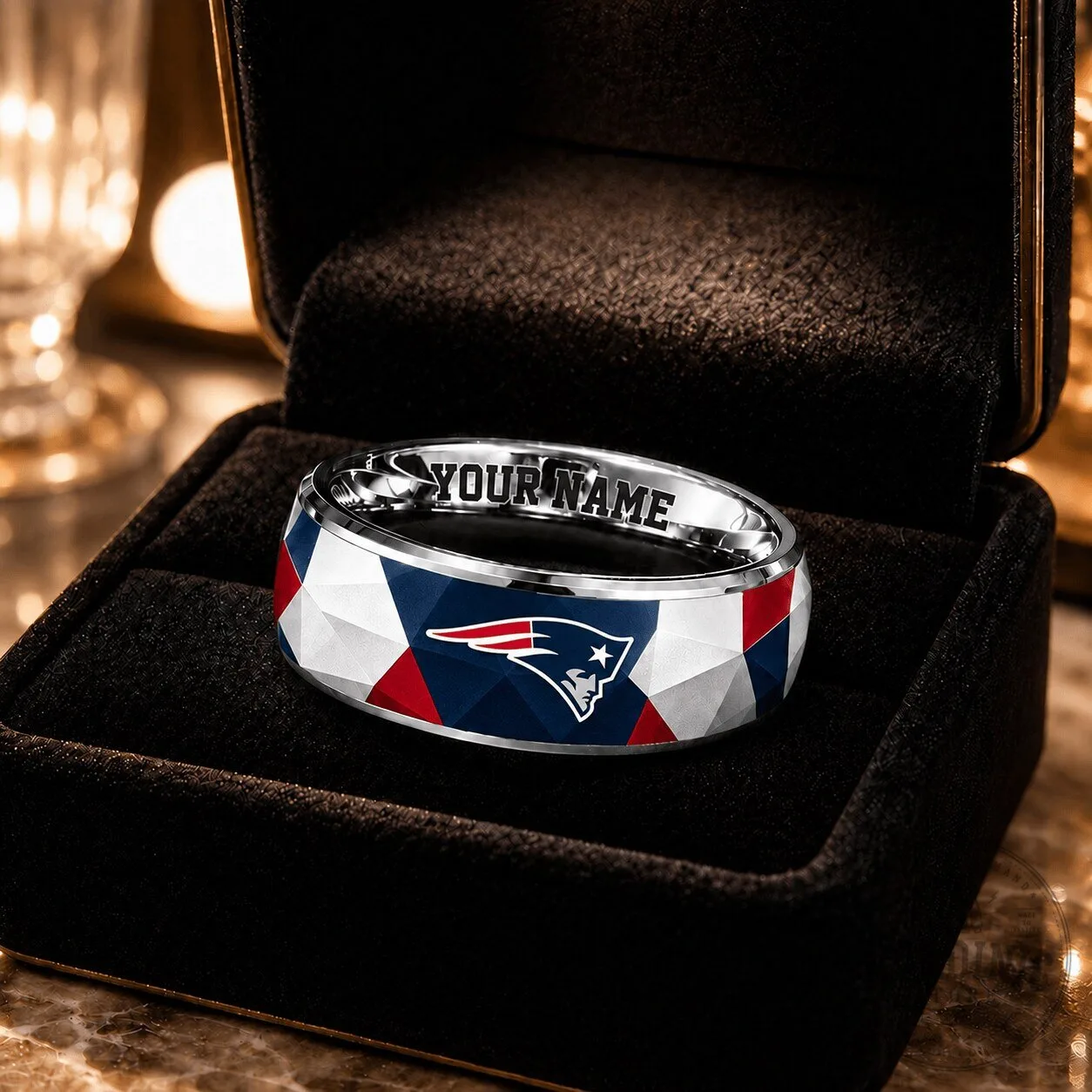 New England Patriots NFL Team Logo Custom Name Silver Ring