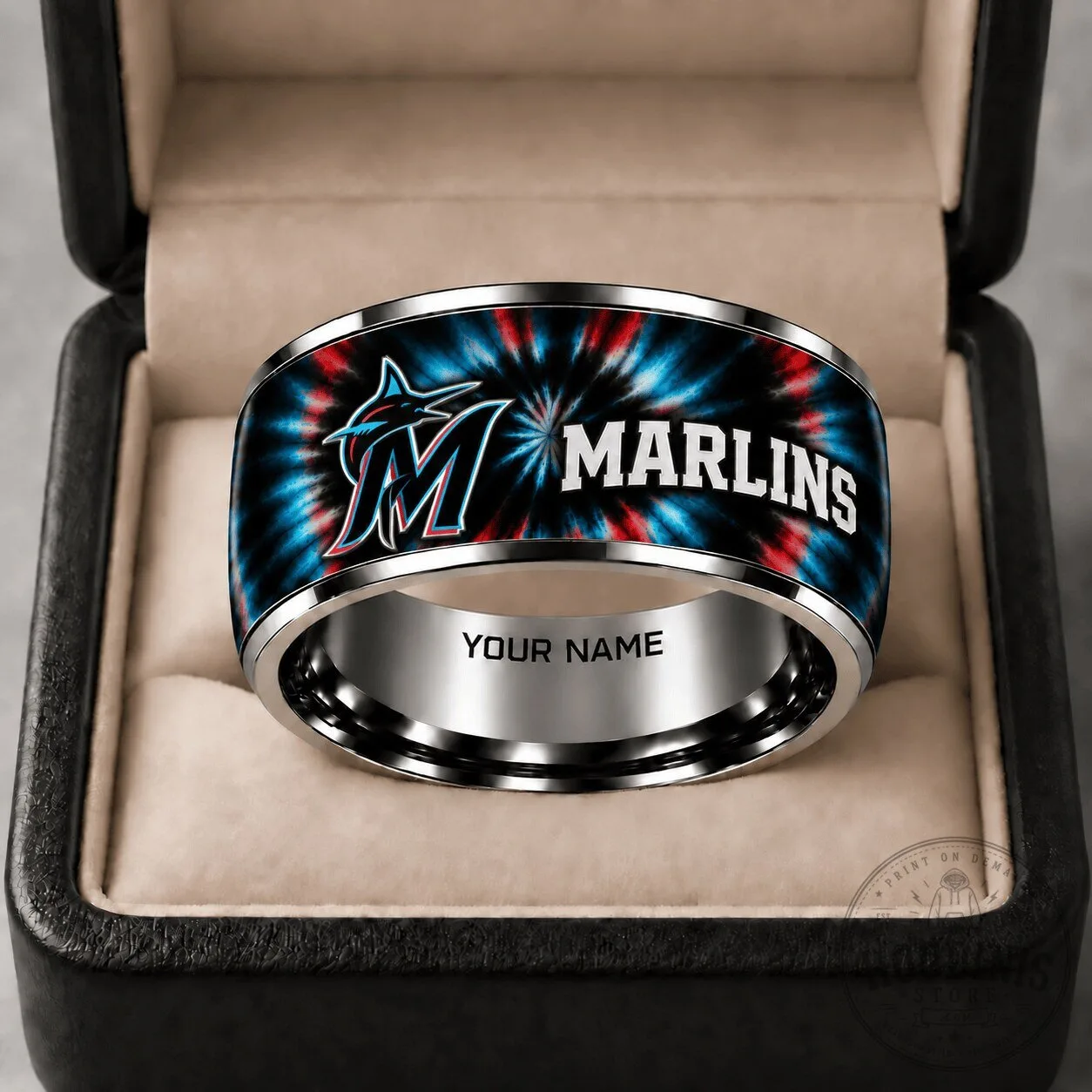 Miami Marlins Tie Dye Pattern Stainless Steel Ring with Custom Engraving
