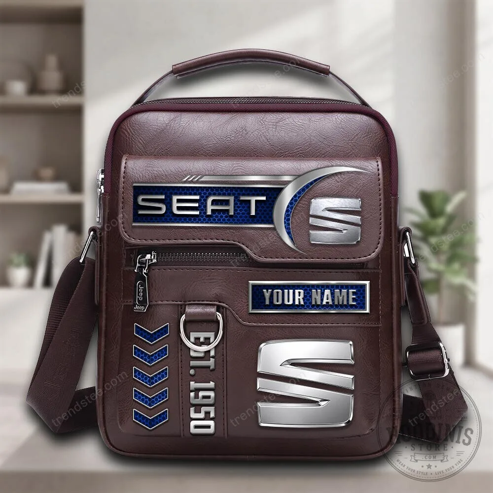 Personalized SEAT Car Logo Brown Leather Shoulder Bag