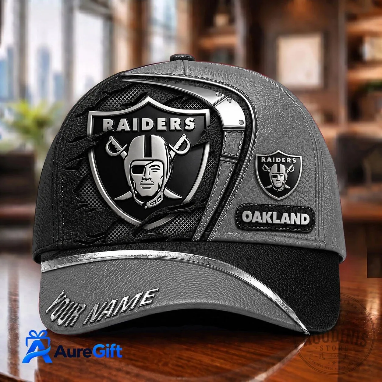 Oakland Raiders Football Team Gray and Black Personalized Baseball Cap Hat