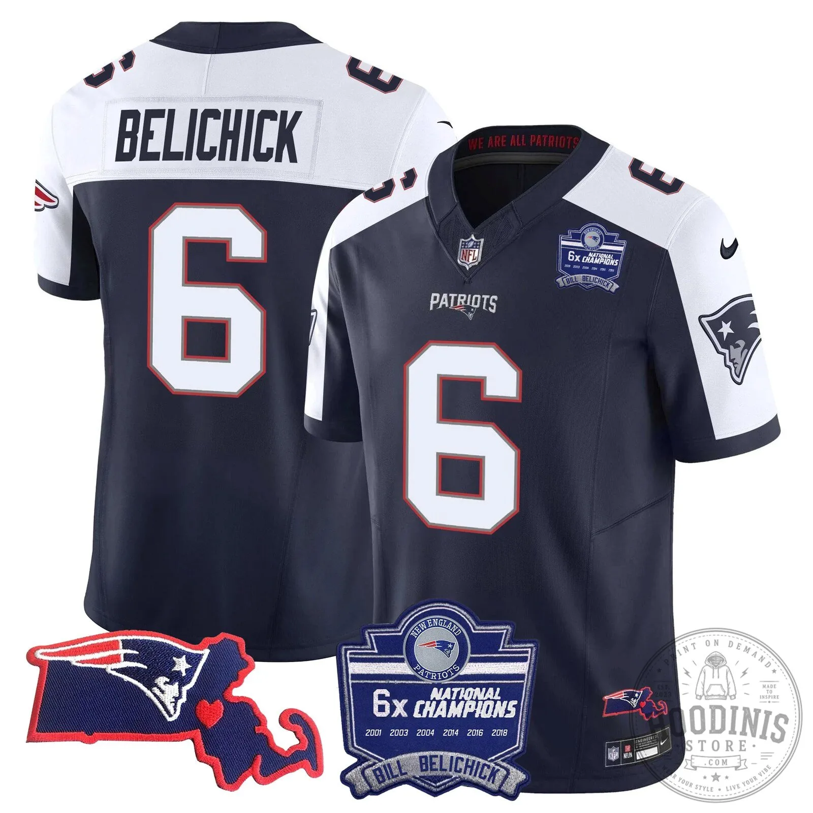New England Patriots Six-Time Champions Jersey featuring Bill Belichick
