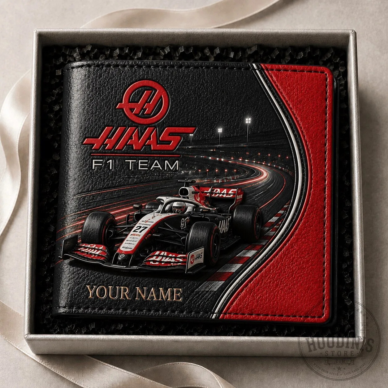 Haas Formula 1 Team Racing Car Personalized Black Leather Wallet