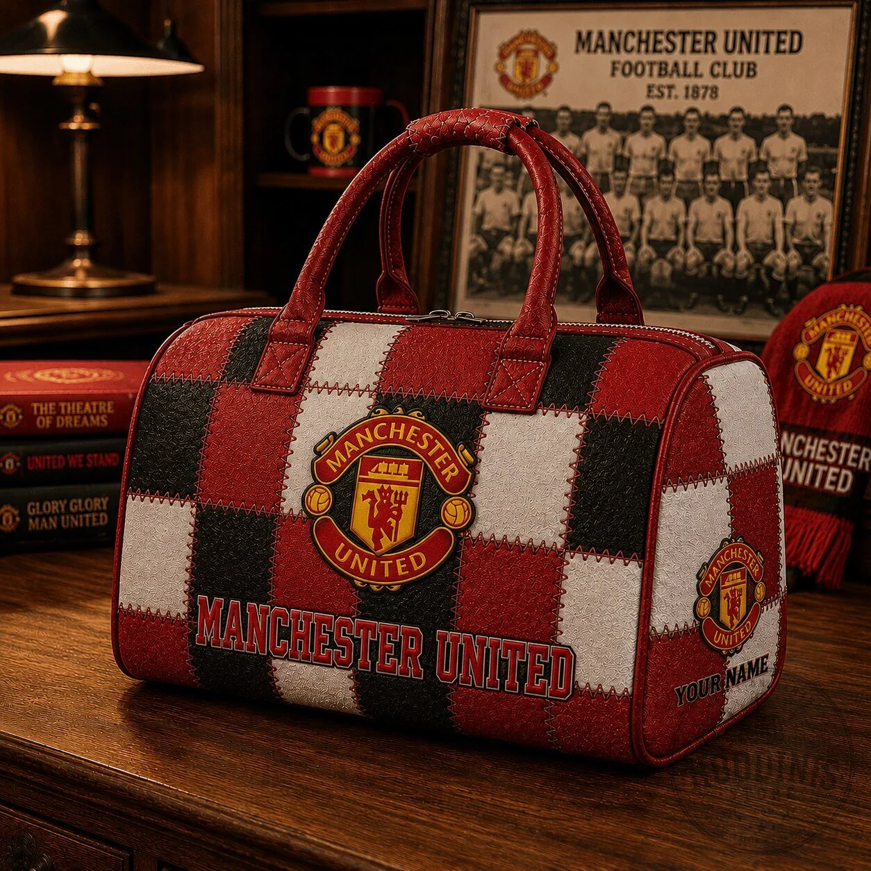 Manchester United Football Club Red and Black Checkered Pattern Duffle Bag