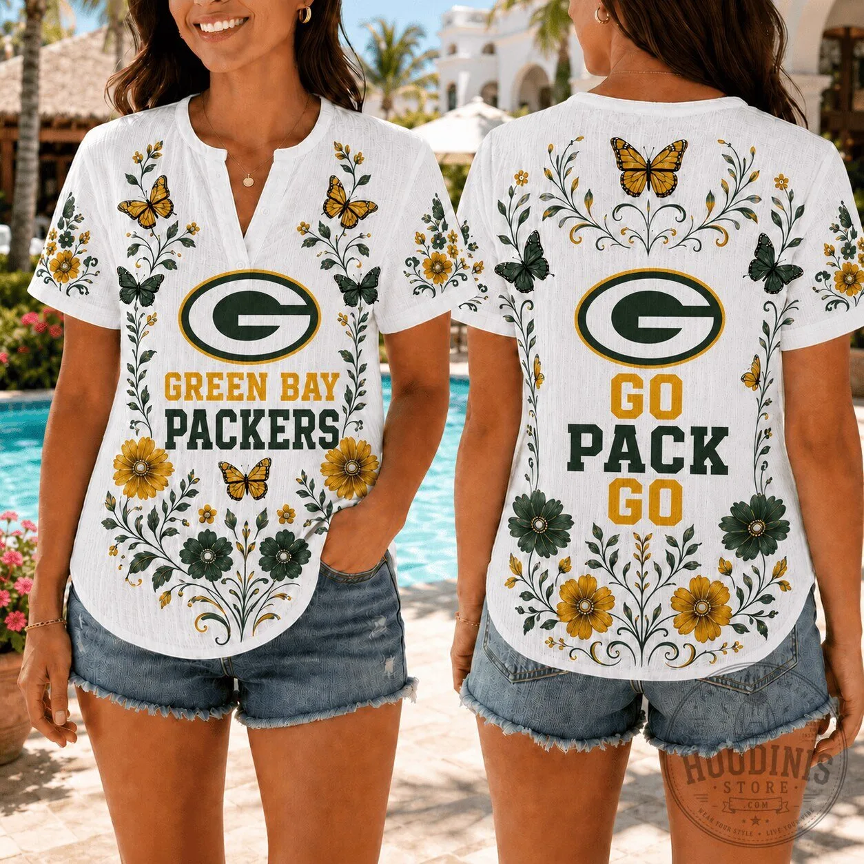 Green Bay Packers Floral Butterfly Game Day Women's Short Sleeve Shirt