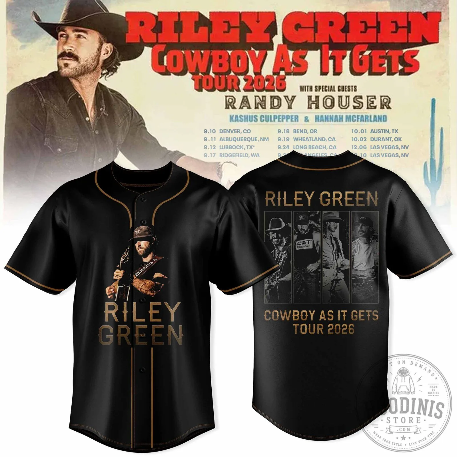 Riley Green Cowboy As It Gets Tour 2026 Baseball Jersey with Concert Dates
