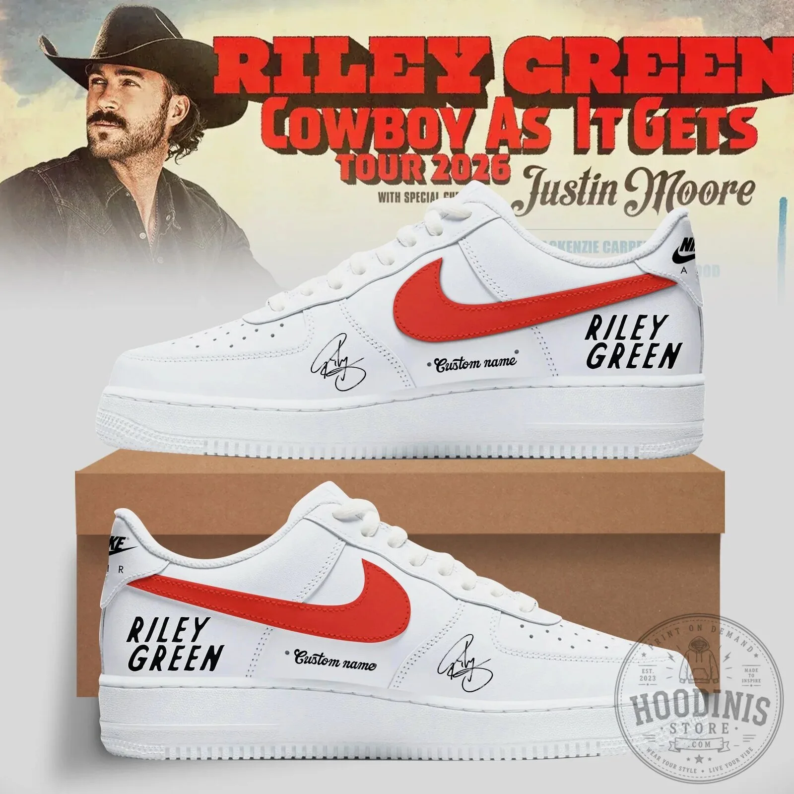 Riley Green Cowboy As It Gets Tour 2026 Custom Name White Sneakers
