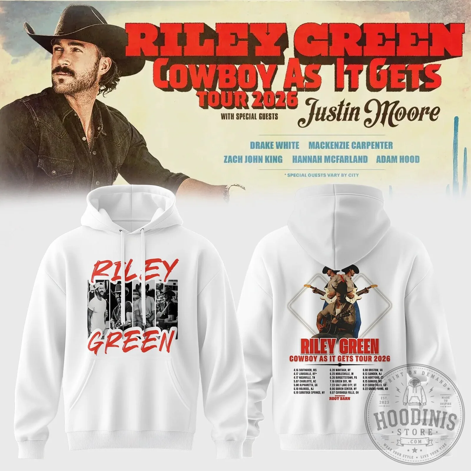 Riley Green Cowboy As It Gets Tour 2026 Concert Dates White Hoodie