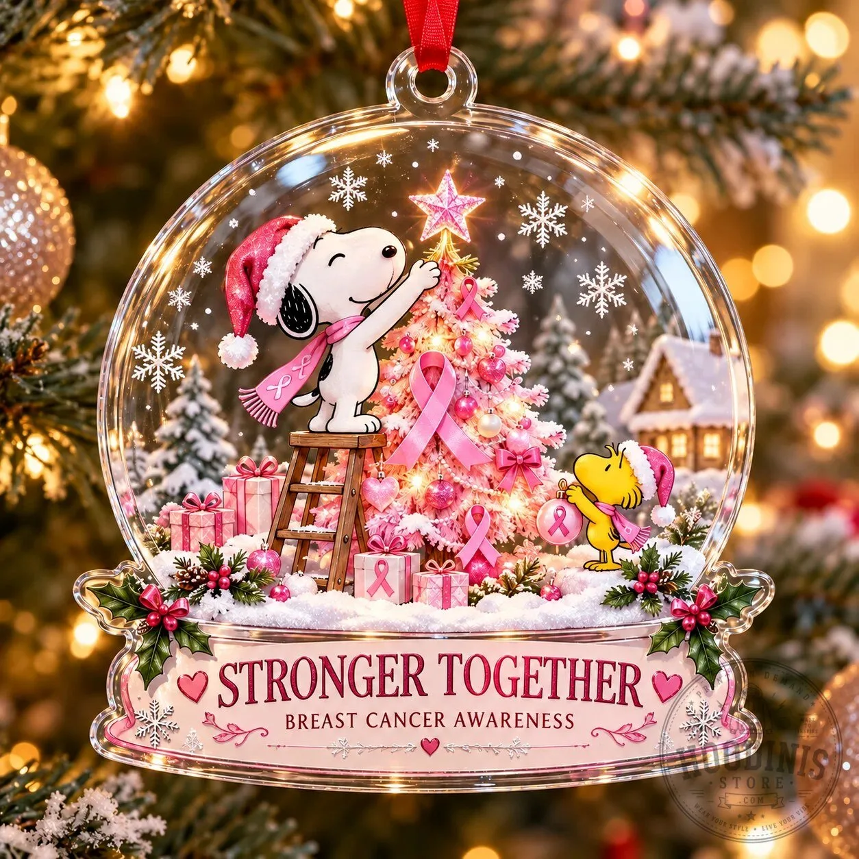 Snoopy and Woodstock Breast Cancer Awareness Stronger Together Christmas Ornament 7 Snoopy and Woodstock Breast Cancer Awareness Stronger Together Christmas Ornament