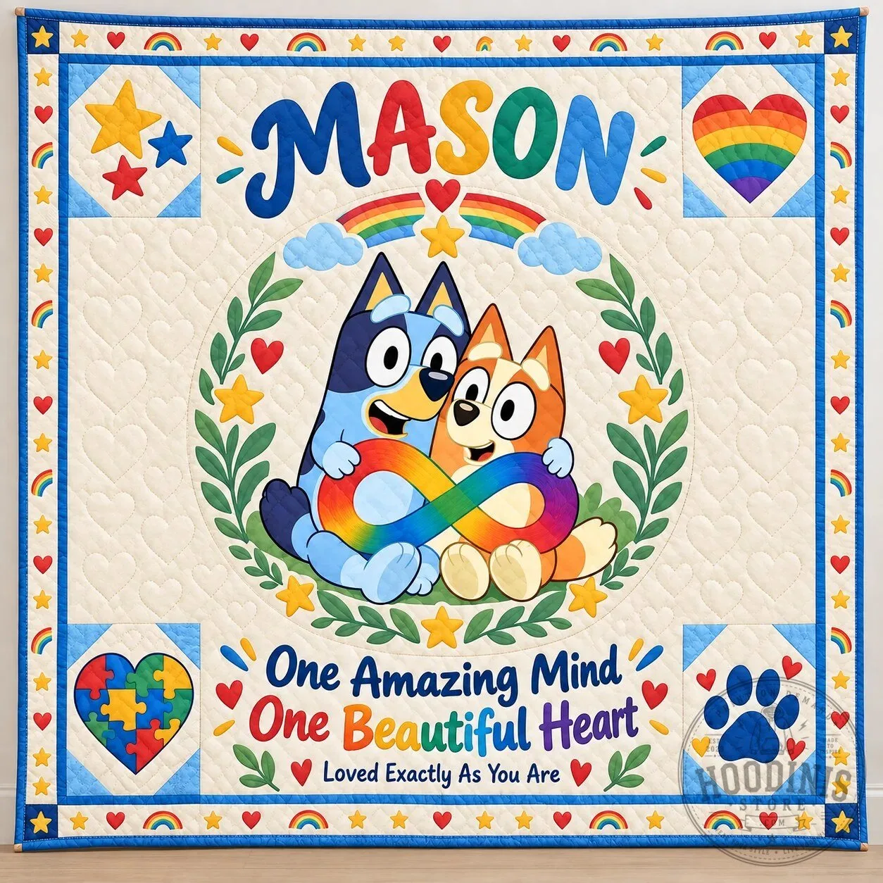 Personalized Quilt Blanket for Autism Awareness featuring Bluey and Bingo