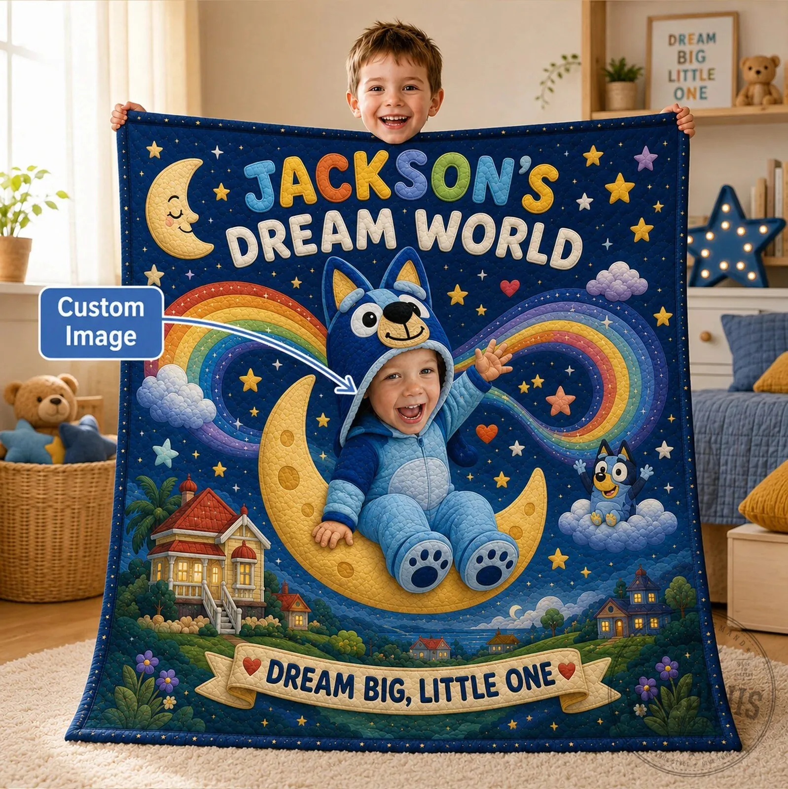Personalized Bluey Dream World Blanket for Kids with Custom Name
