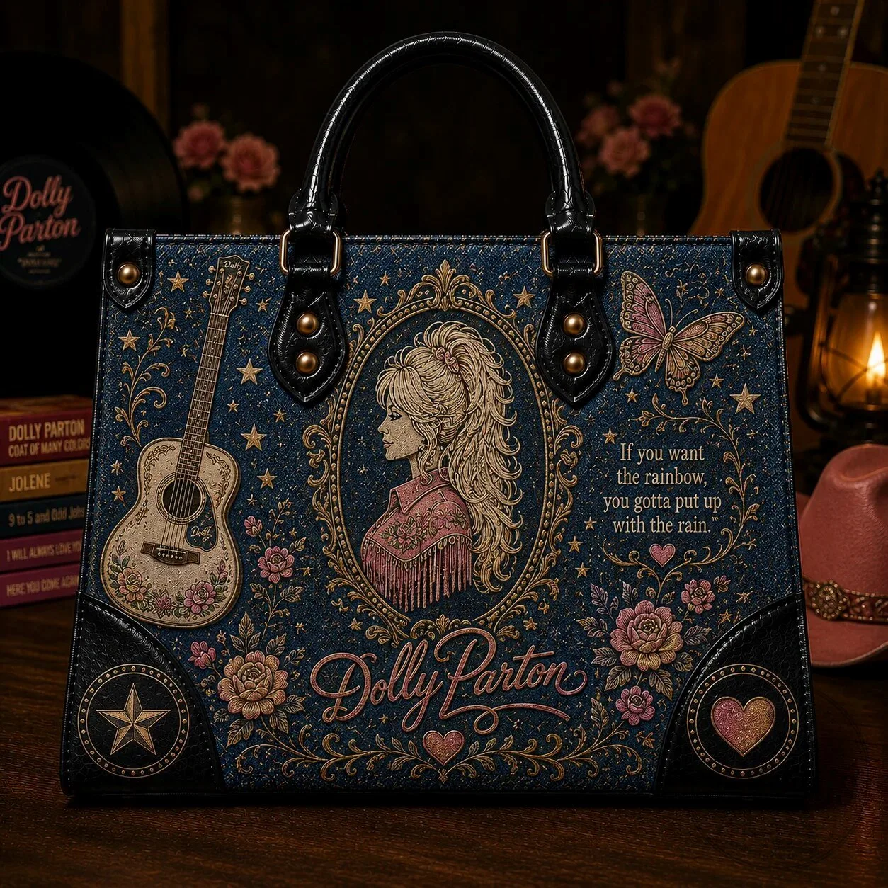 Dolly Parton Country Music Floral Western Handbag Purse with Guitar and Butterfly