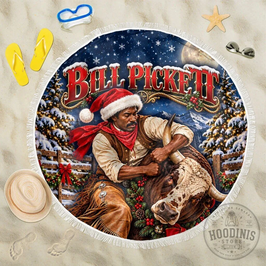 Bill Pickett Christmas Bull Rider Snowy Winter Western Rodeo Night Beach Blanket