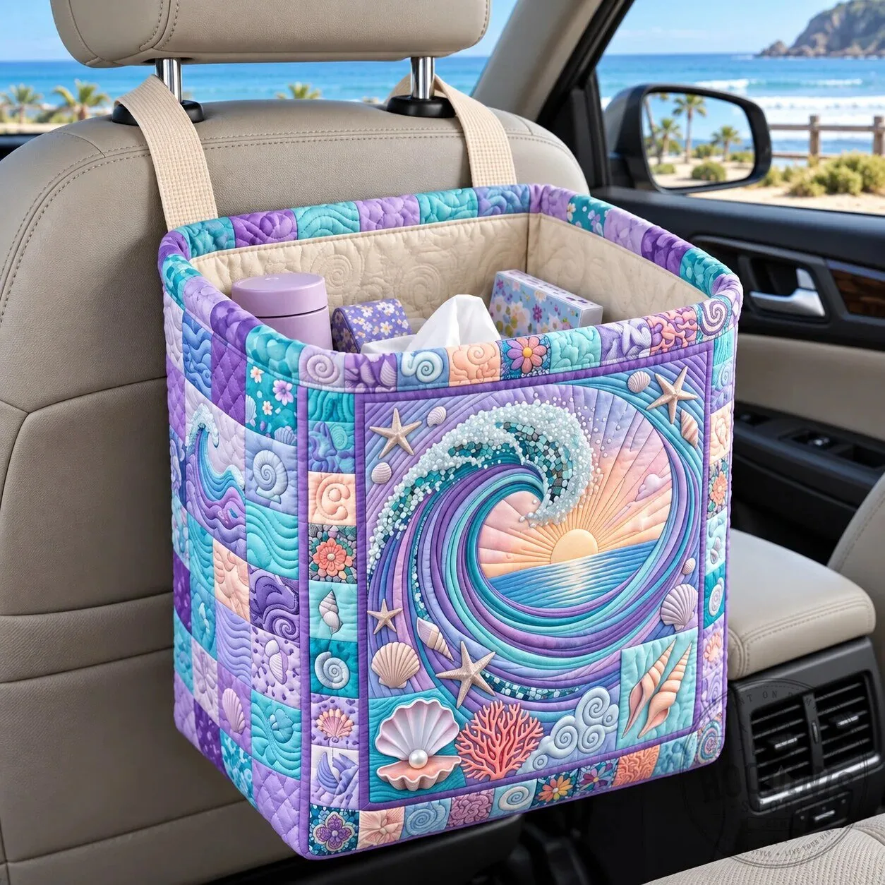 Ocean Wave Sunset Quilted Car Organizer Basket 8 Ocean Wave Sunset Quilted Car Organizer Basket
