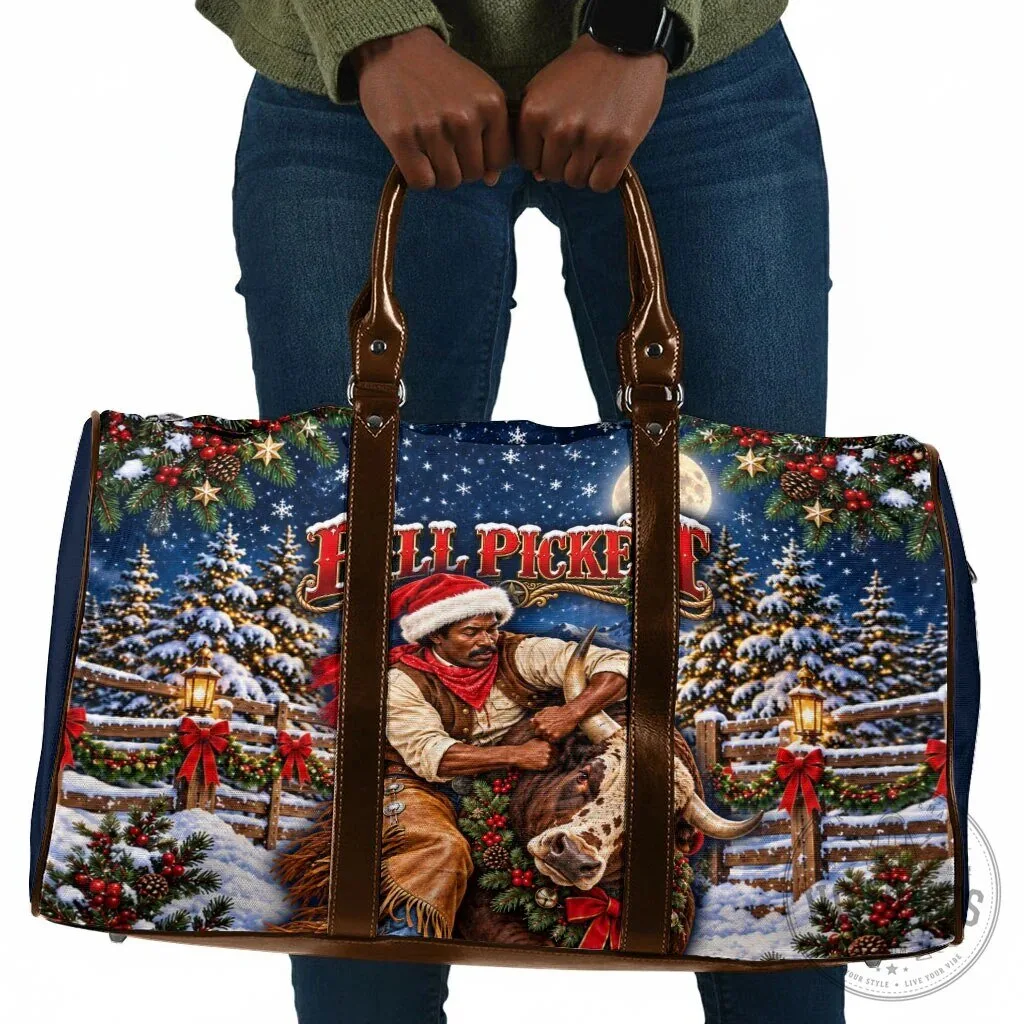 Bill Pickett Christmas Bull Rider Snowy Winter Rodeo Night Art Travel Bag