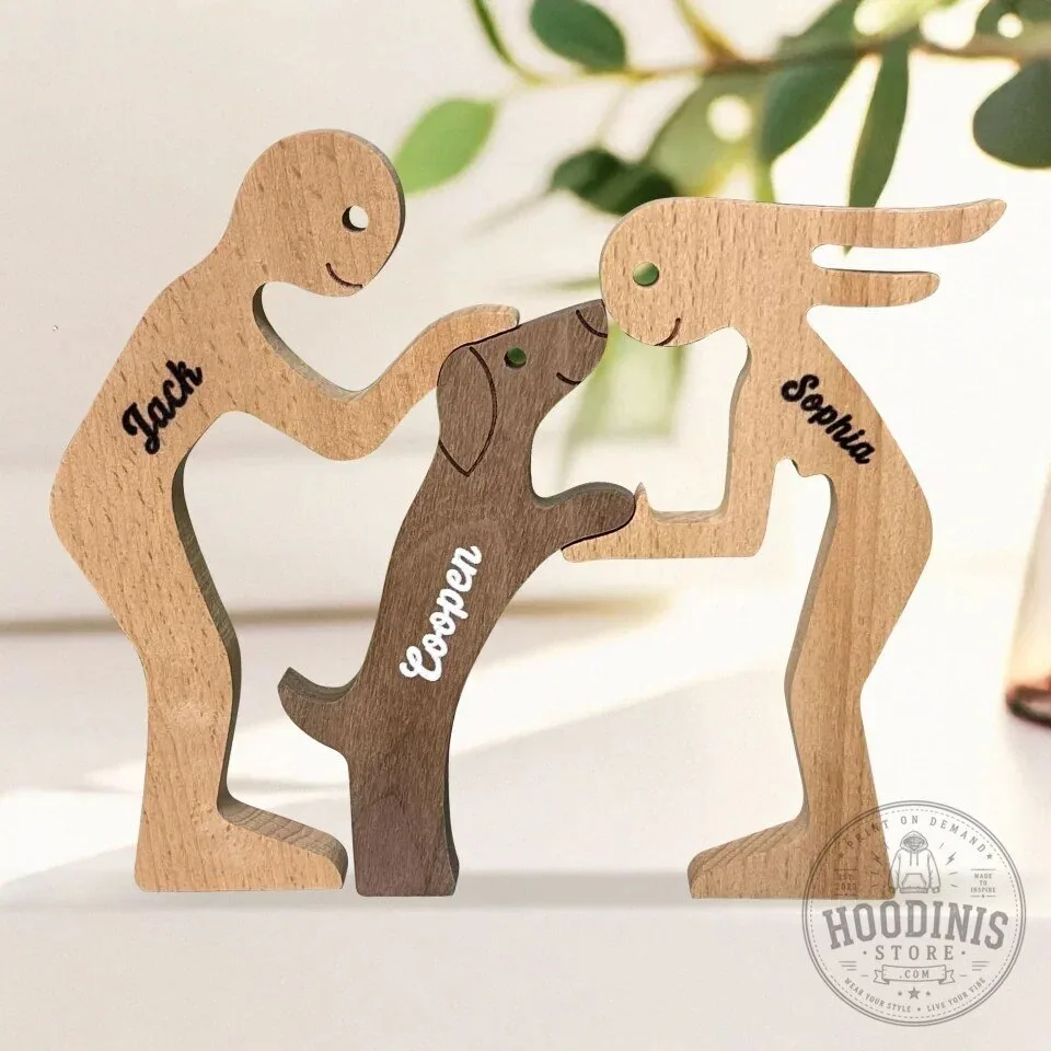Personalized Wooden Family Sculpture with Pet Dog and Custom Names