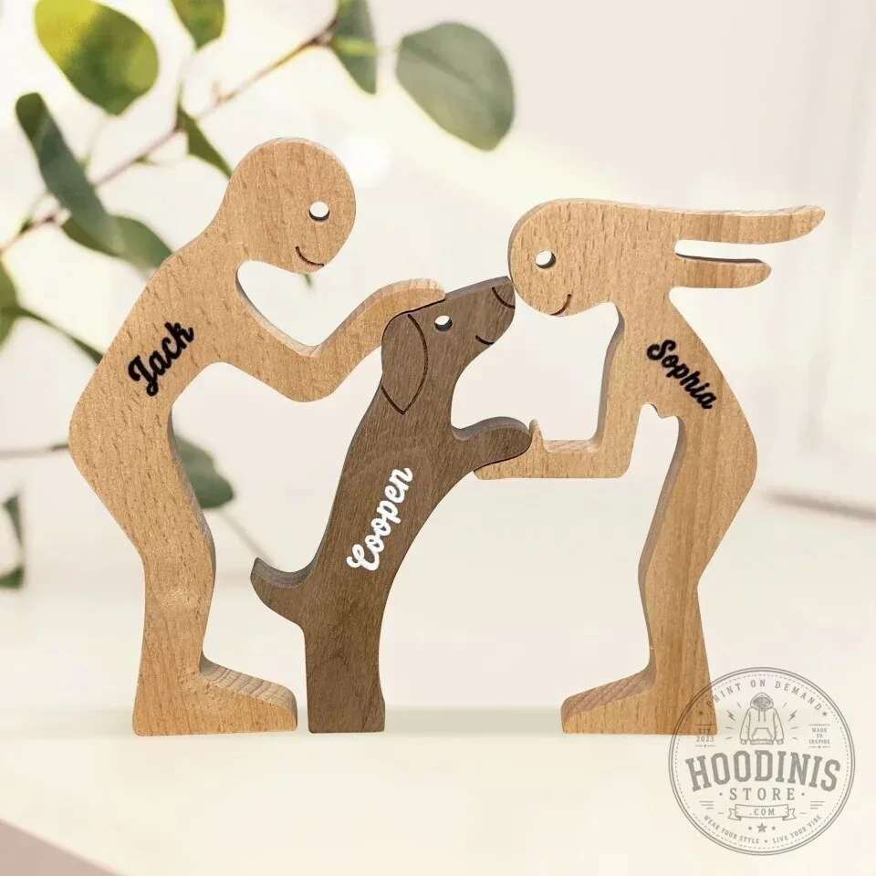 Personalized Wooden Family Sculpture with Pet Dog and Custom Names 20 Personalized Wooden Family Sculpture with Pet Dog and Custom Names