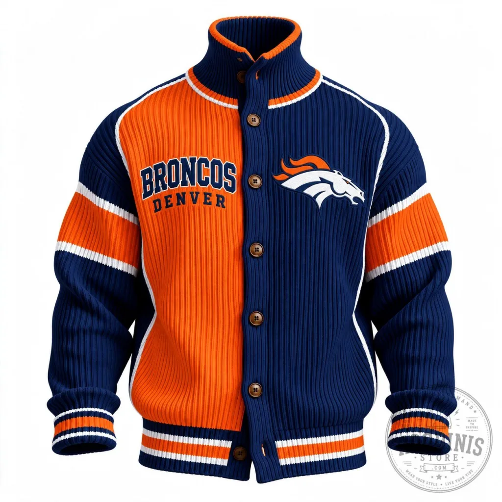 Denver Broncos Football Team Split Color Rib Knit Varsity Jacket Denver Broncos Football Team Split Color Rib Knit Varsity Jacket
