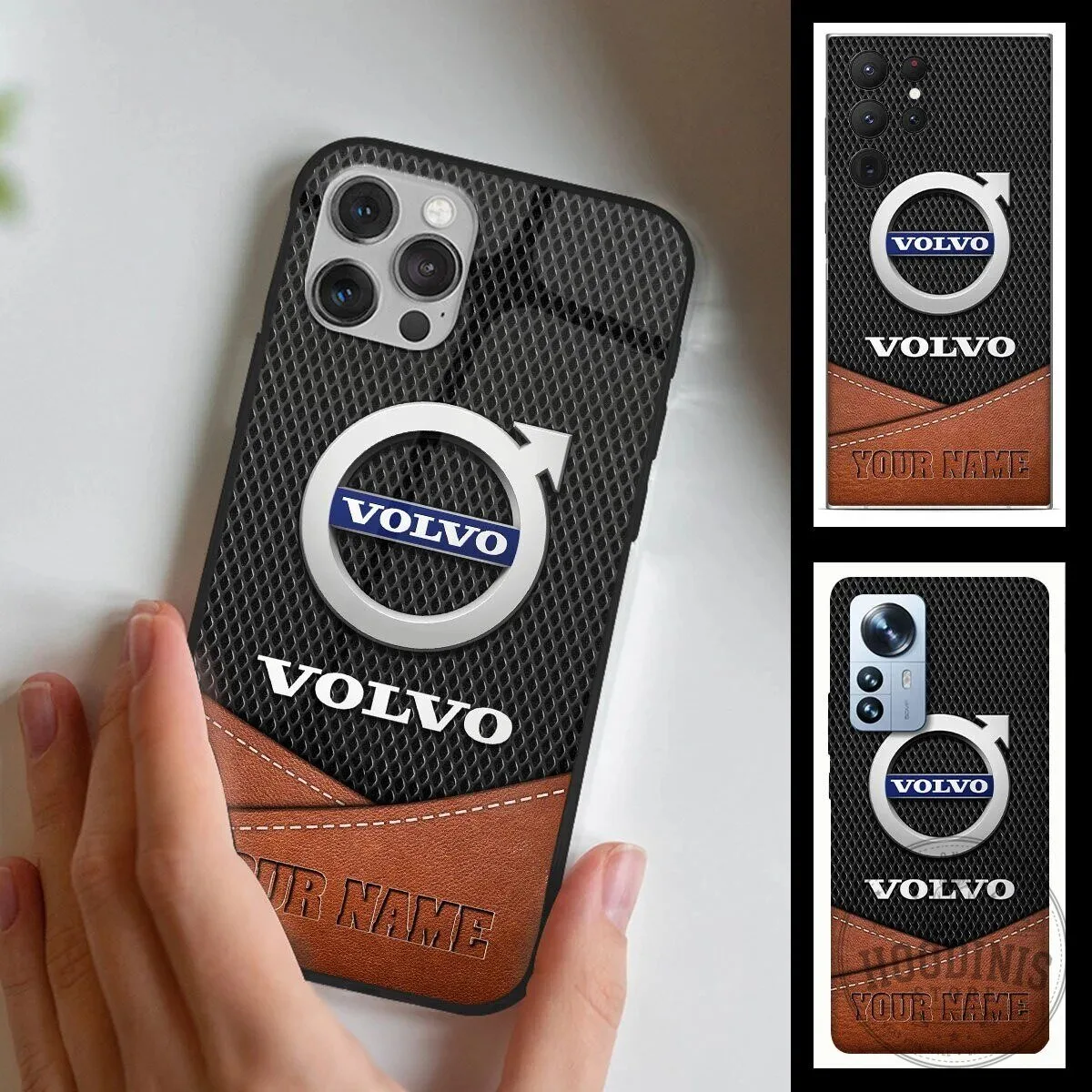 Volvo Custom Name Personalized Car Logo Black Brown Leather Phone Case