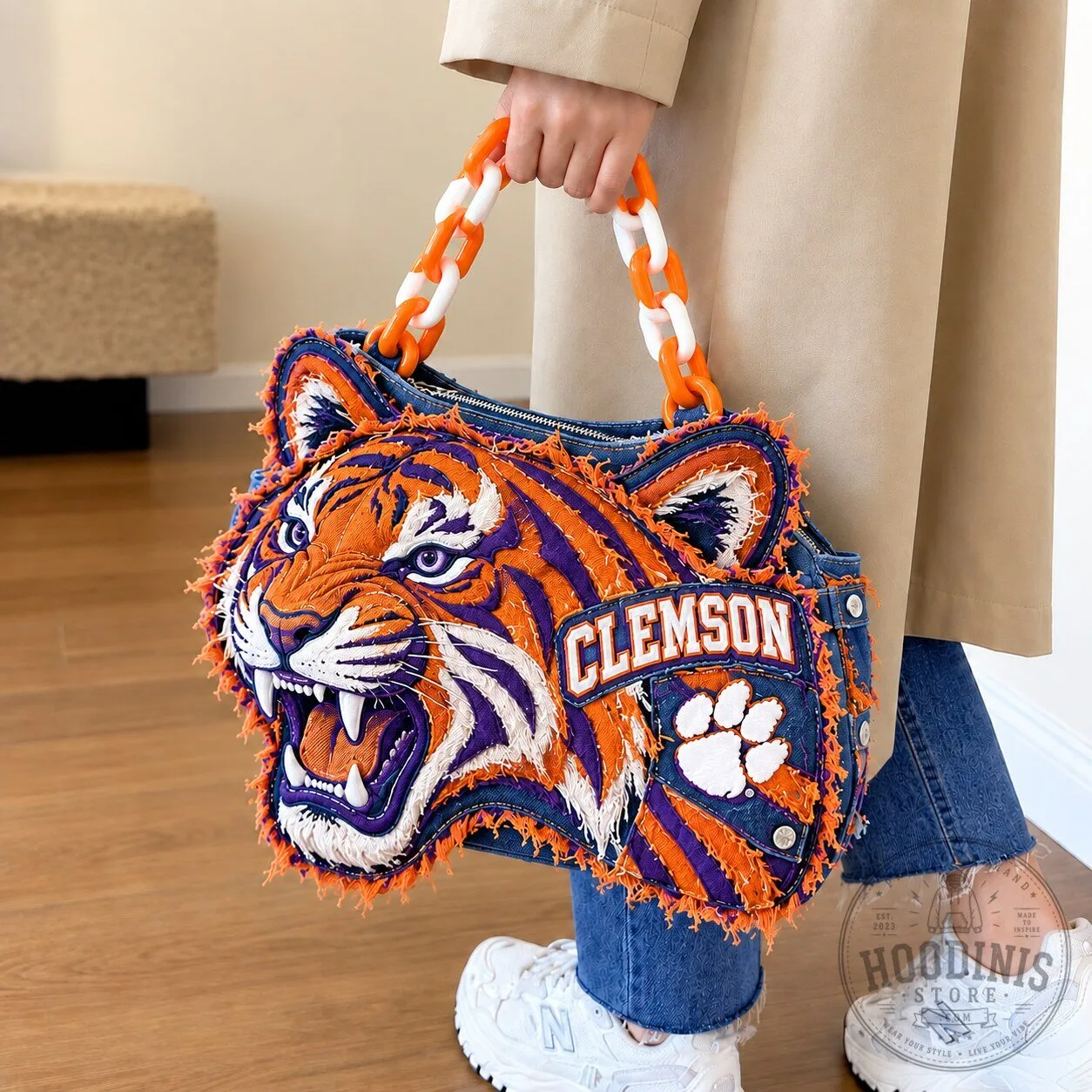Clemson Tigers Embroidered Denim Handbag with Chain Strap