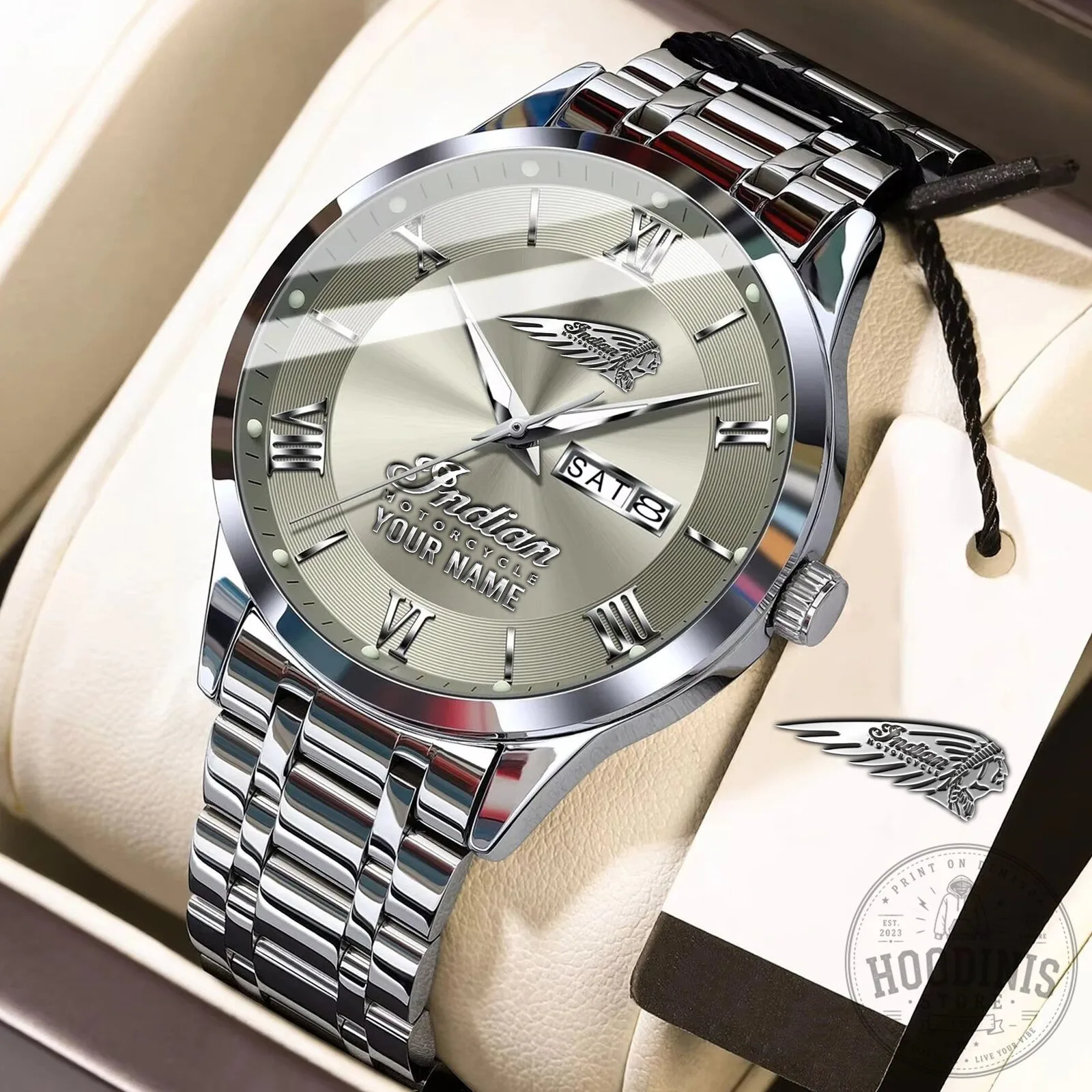 Indian Motorcycle Custom Name Engraved Silver Stainless Steel Watch for Men