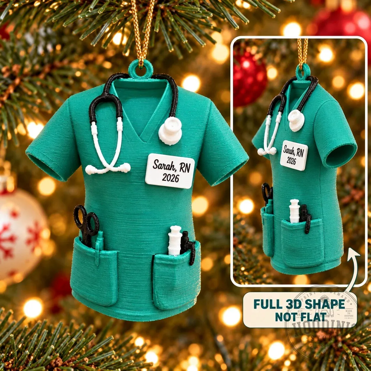Personalized Nurse Scrubs Christmas Tree Ornament with Stethoscope and Custom Name