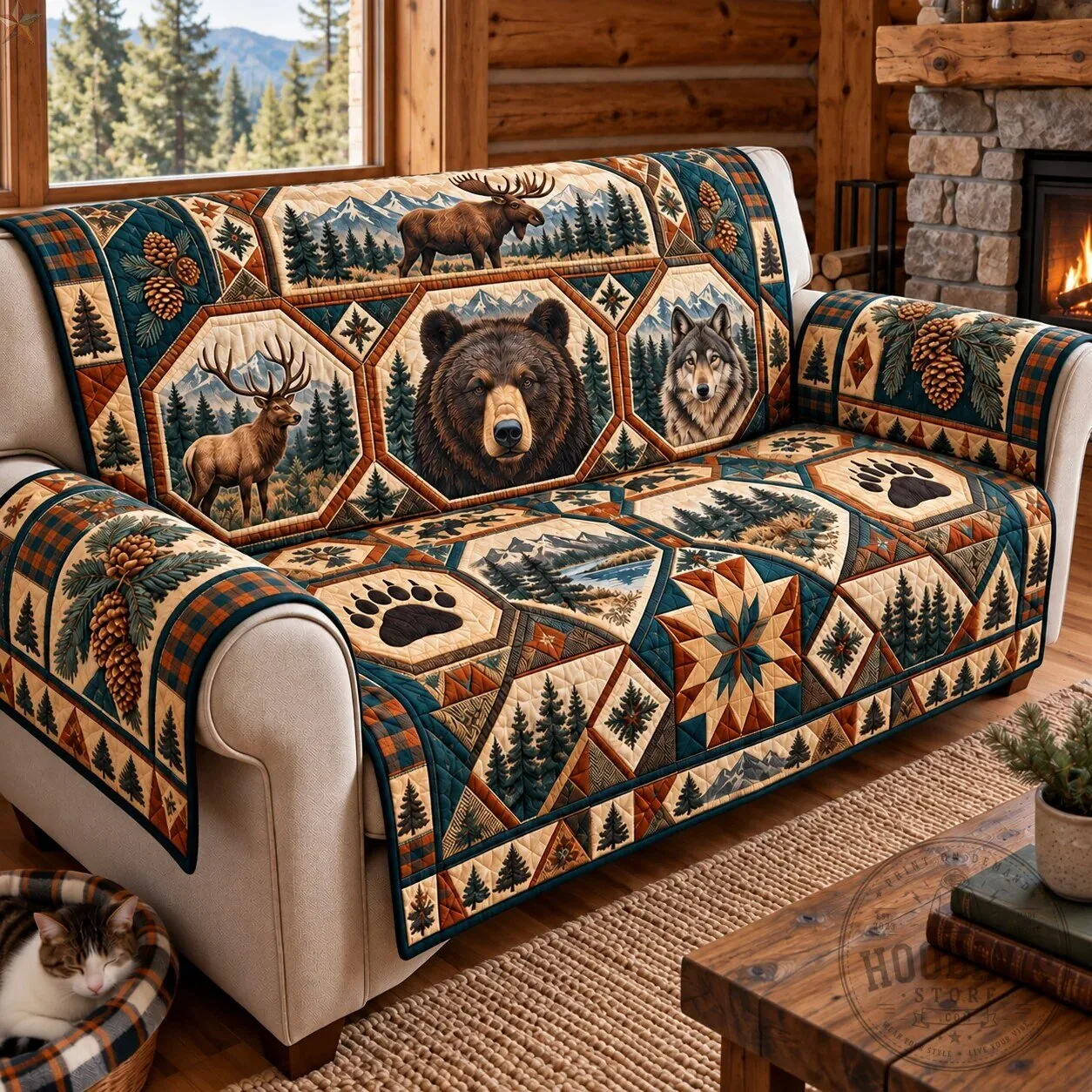 Wildlife Bear Wolf Moose Forest Quilted Sofa Cover Protector