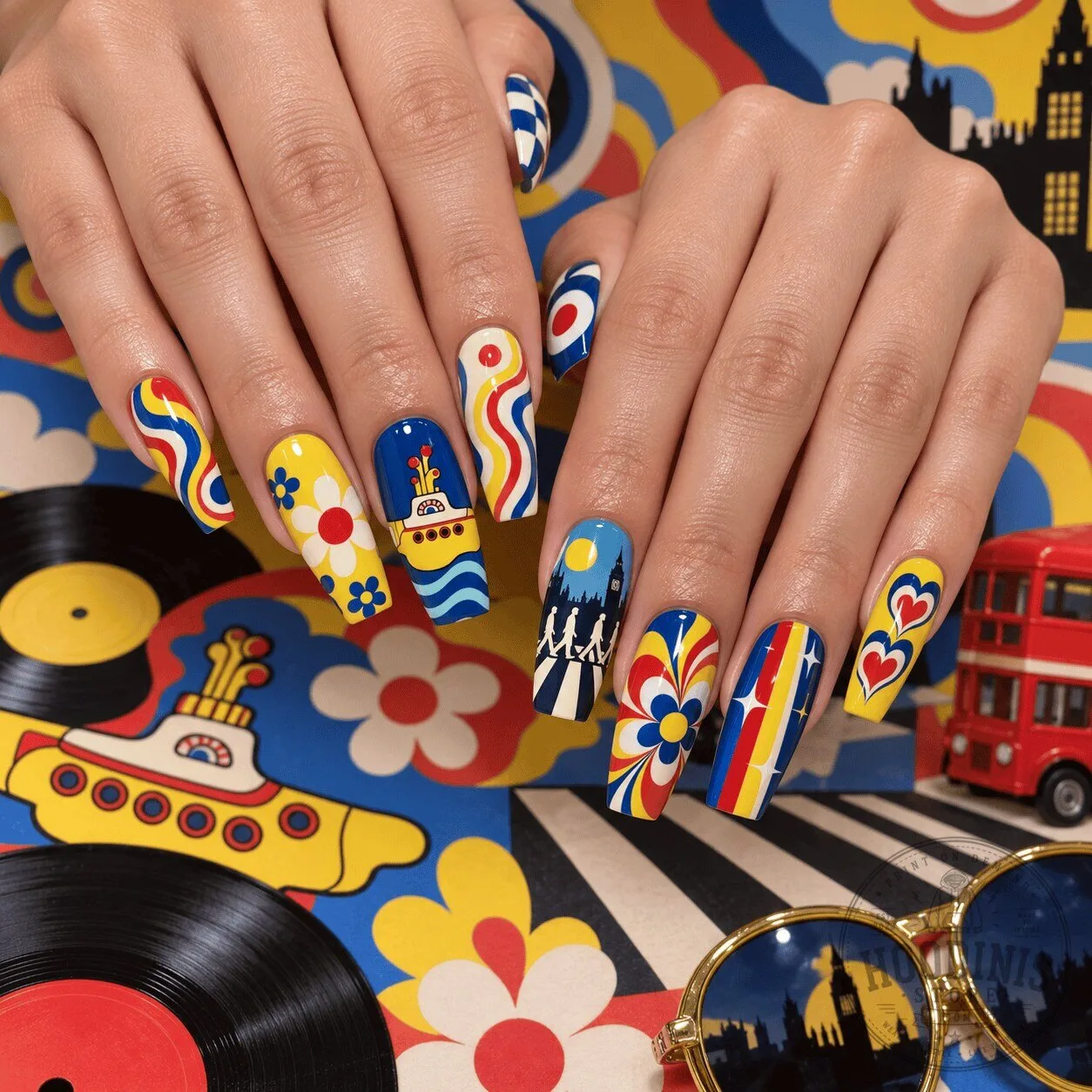 Psychedelic Retro Press-On Nails Set inspired by The Beatles' Yellow Submarine