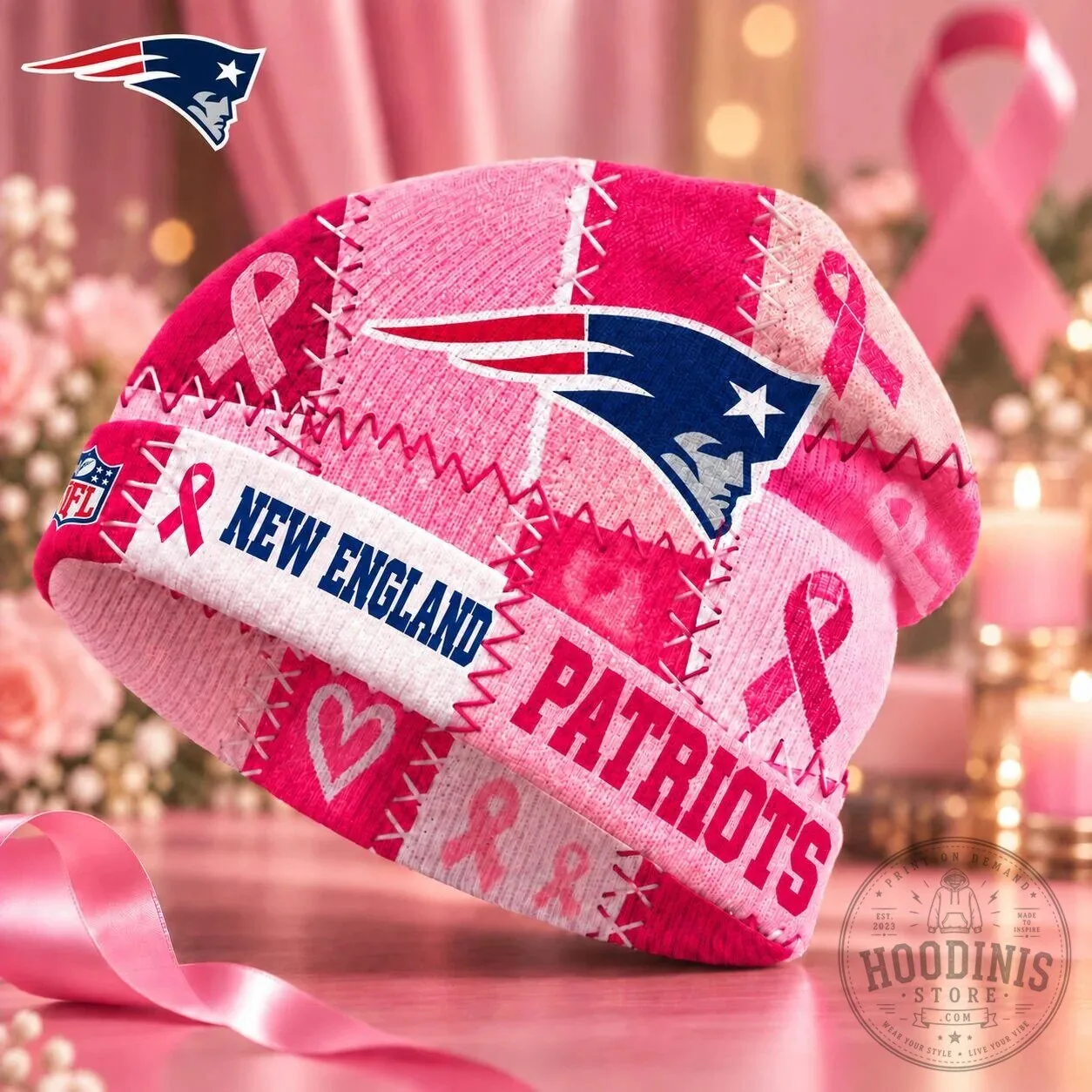 New England Patriots Pink Ribbon Breast Cancer Awareness Patchwork Beanie Hat