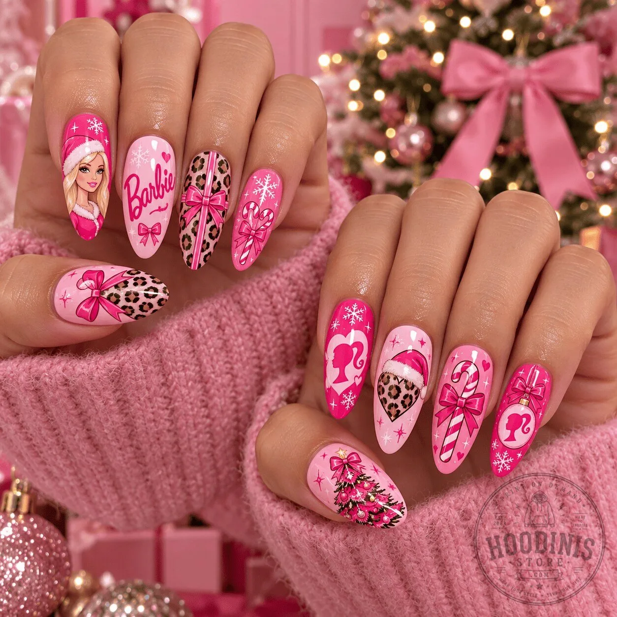Barbie Christmas Holiday Pink Leopard Print Press On Nails Set