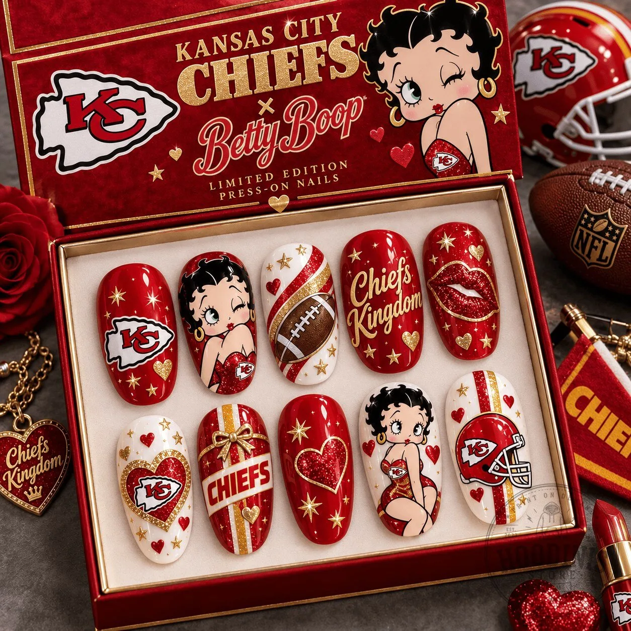 Kansas City Chiefs Betty Boop Glamorous Football Fan Press-On Nails Set 1 Kansas City Chiefs Betty Boop Glamorous Football Fan Press-On Nails Set
