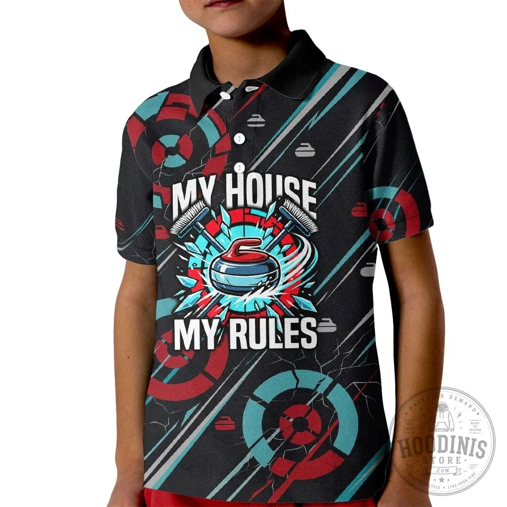 Curling My House My Rules Hurry Hard Kid Polo Shirt Vintage Retro Sports Quote