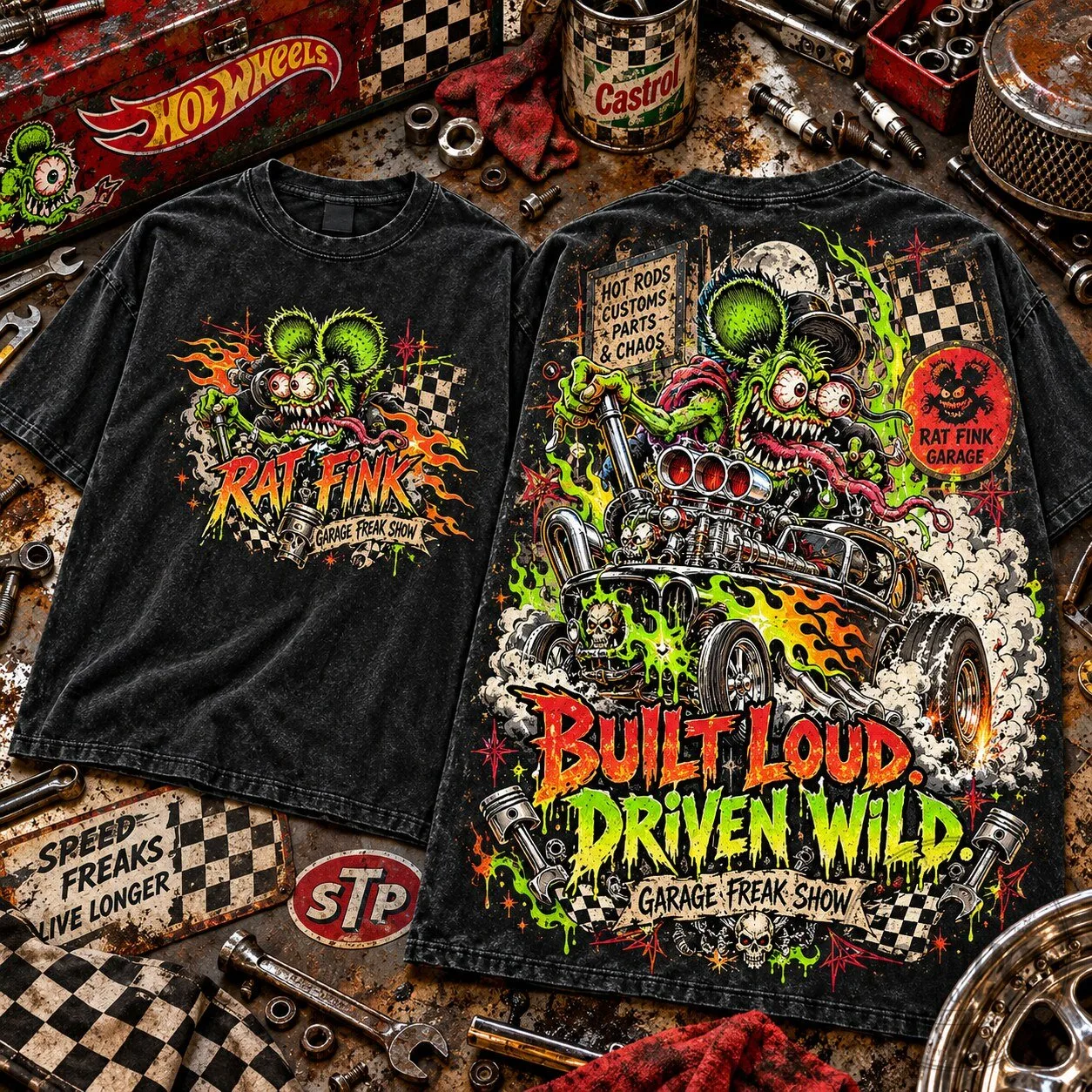 Drag Racing Rat Fink Hot Rod Garage Freak Show Built Loud Driven Wild T-Shirt
