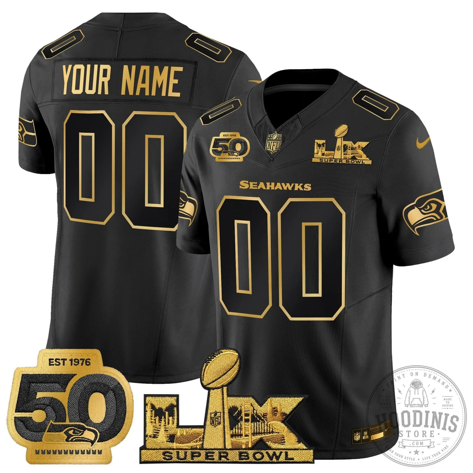 Seattle Seahawks Super Bowl 60th Anniversary Black and Gold Football Jersey