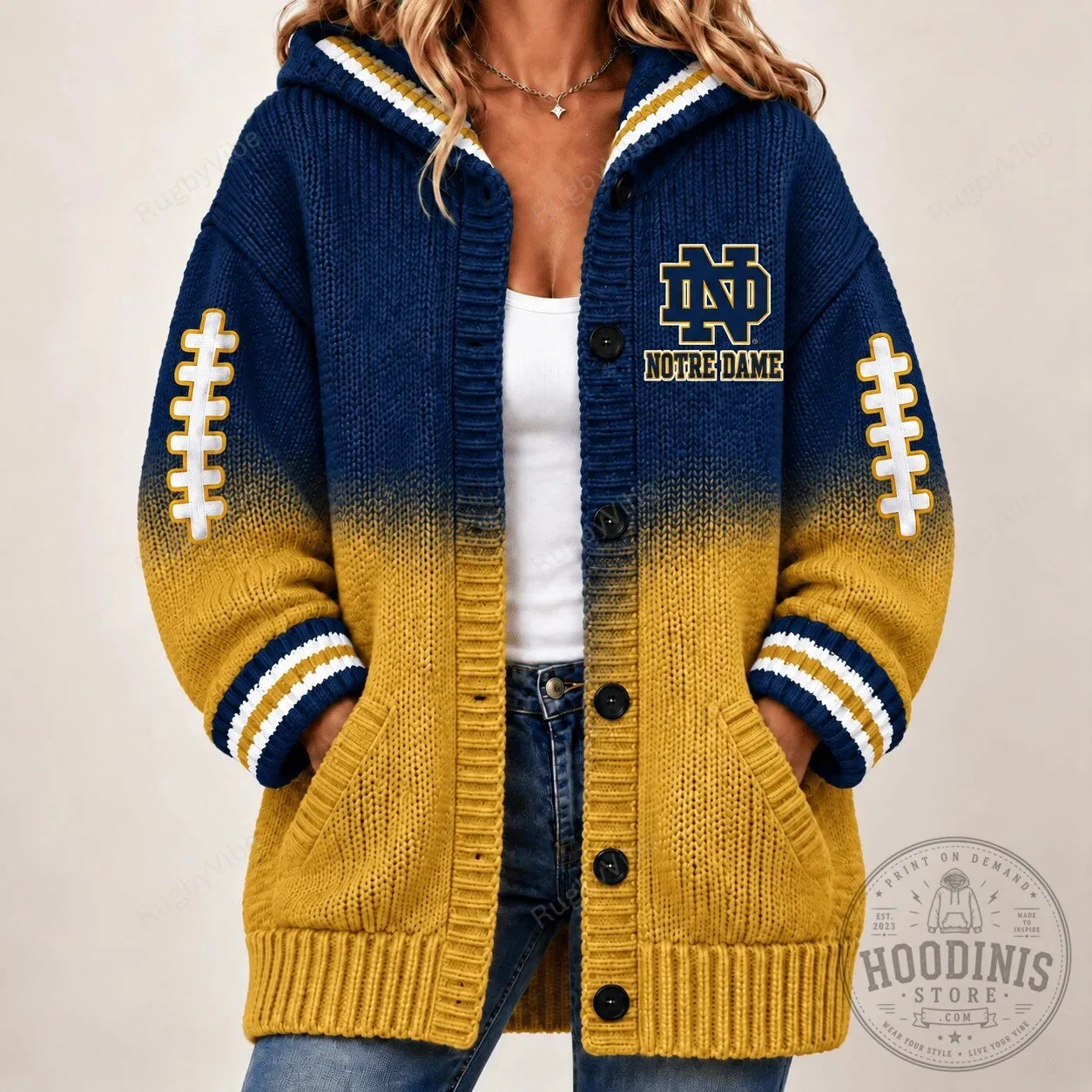 Notre Dame Fighting Irish Football Ombre Knit Cardigan Hoodie