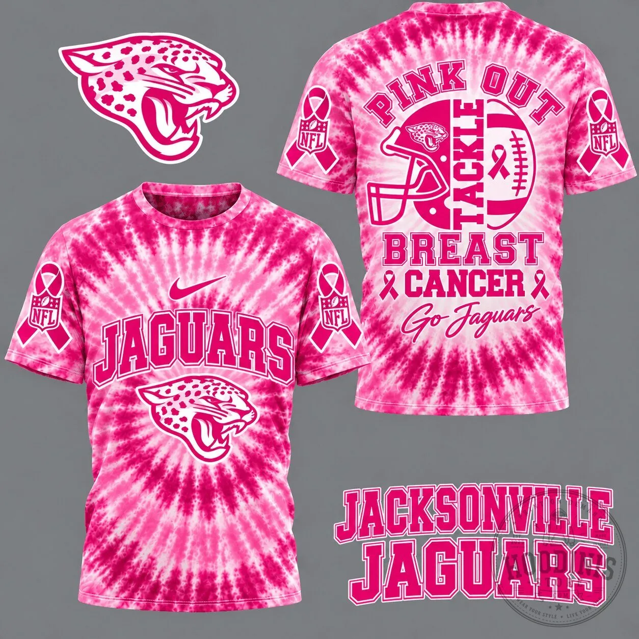 Jacksonville Jaguars Pink Out Tackle Breast Cancer Tie-Dye T-Shirt