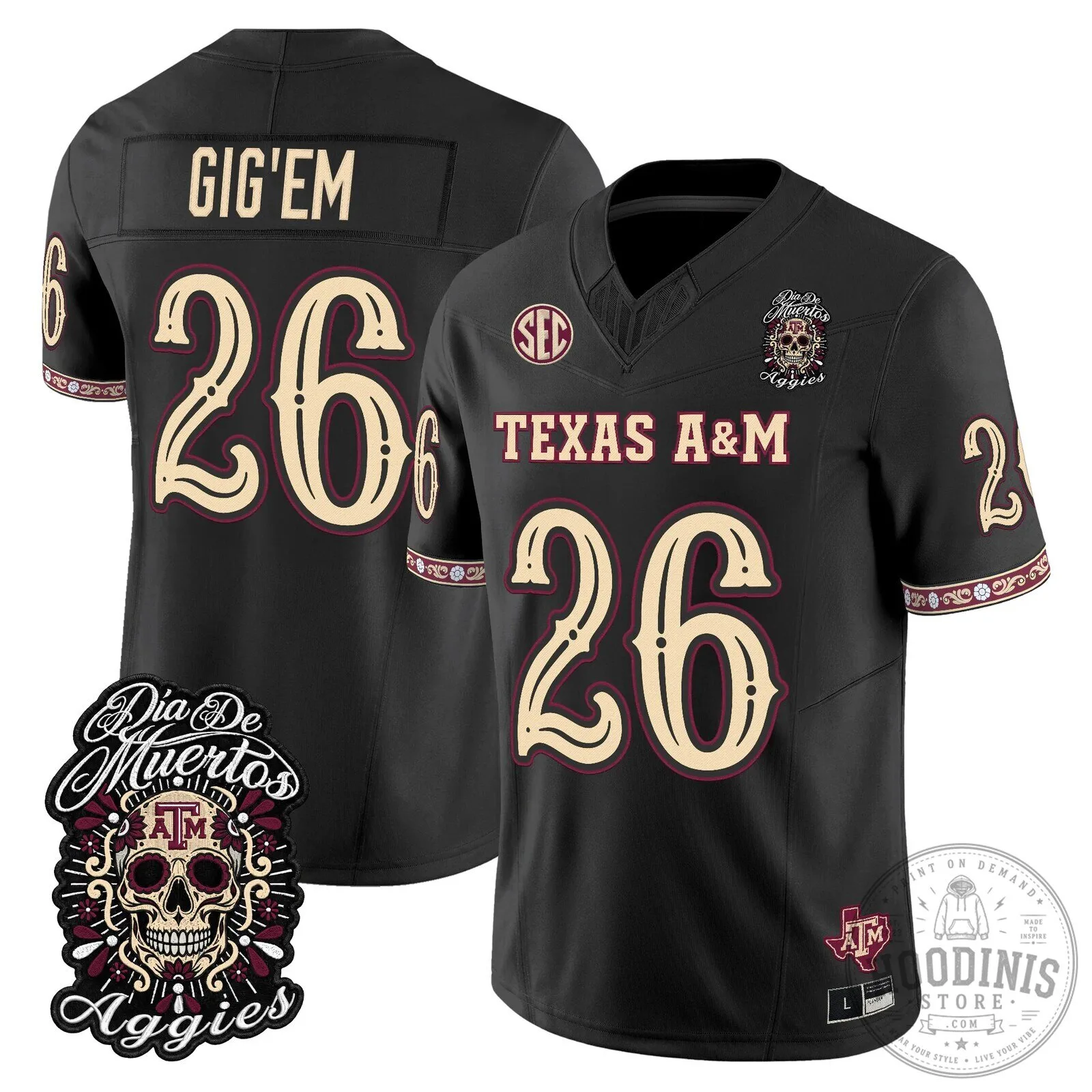 Football Jersey for Dia de los Muertos featuring Texas A&M Aggies 57 Football Jersey for Dia de los Muertos featuring Texas A&M Aggies