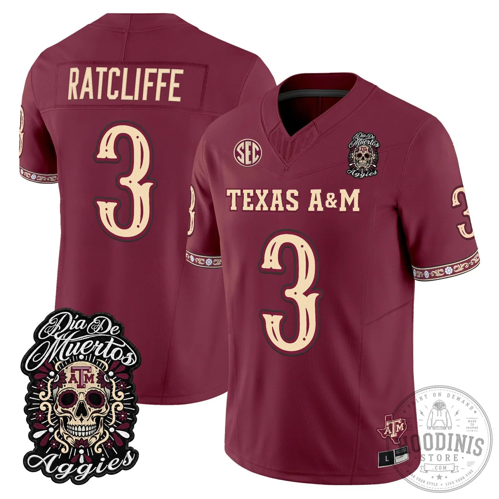 Football Jersey for Dia de los Muertos featuring Texas A&M Aggies 59 Football Jersey for Dia de los Muertos featuring Texas A&M Aggies