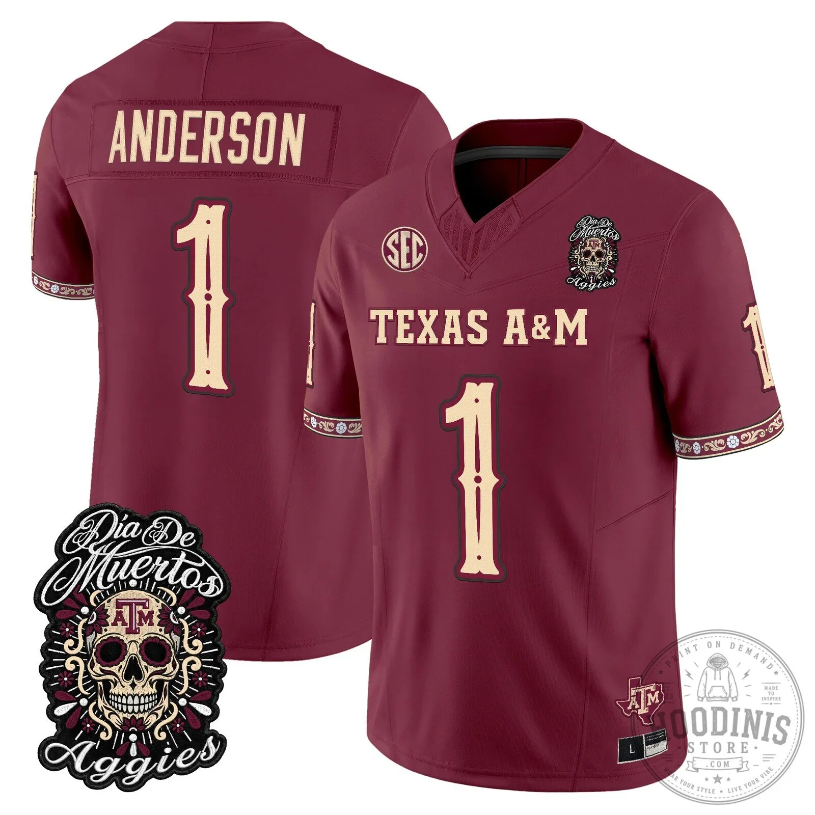 Football Jersey for Dia de los Muertos featuring Texas A&M Aggies 65 Football Jersey for Dia de los Muertos featuring Texas A&M Aggies