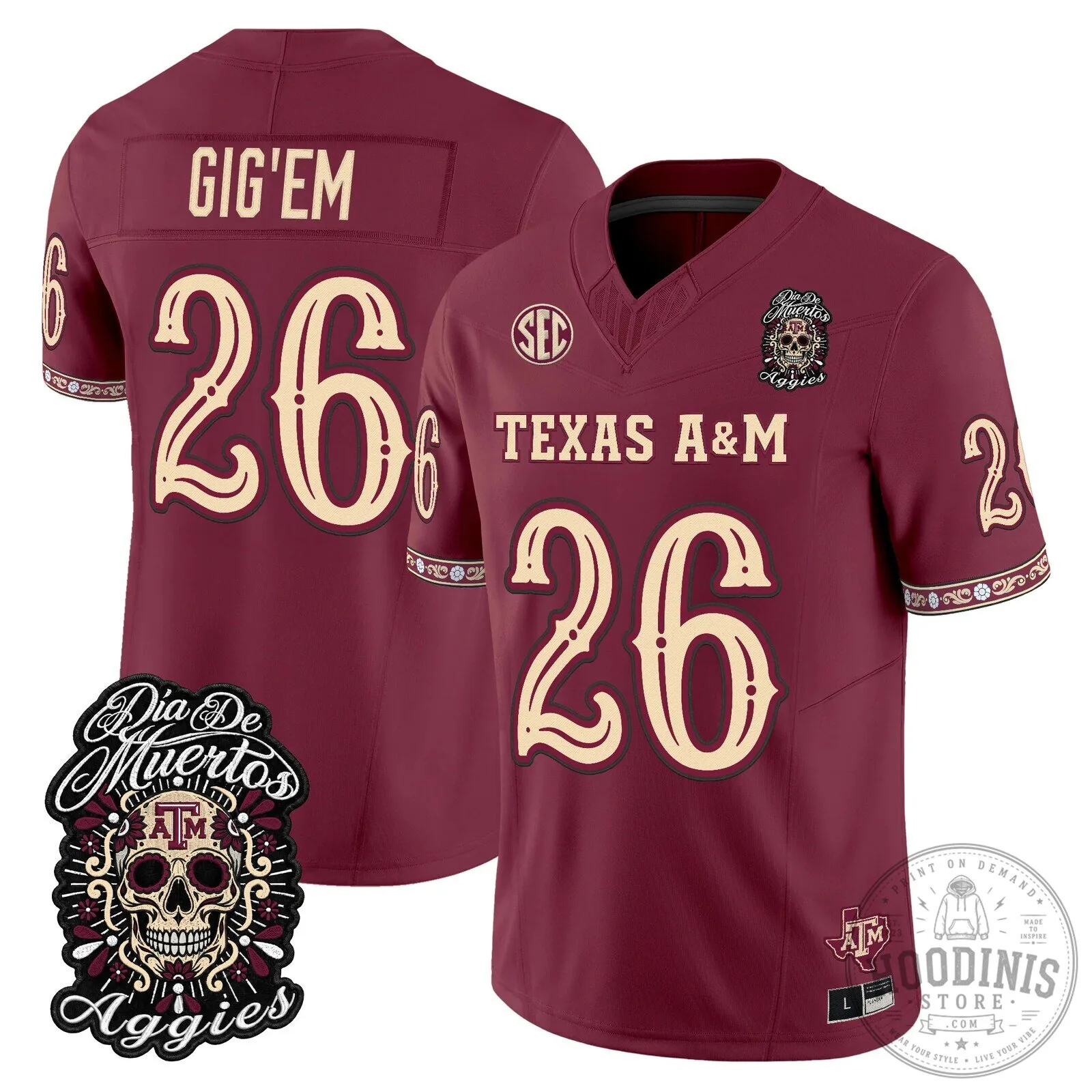 Football Jersey for Dia de los Muertos featuring Texas A&M Aggies 68 Football Jersey for Dia de los Muertos featuring Texas A&M Aggies