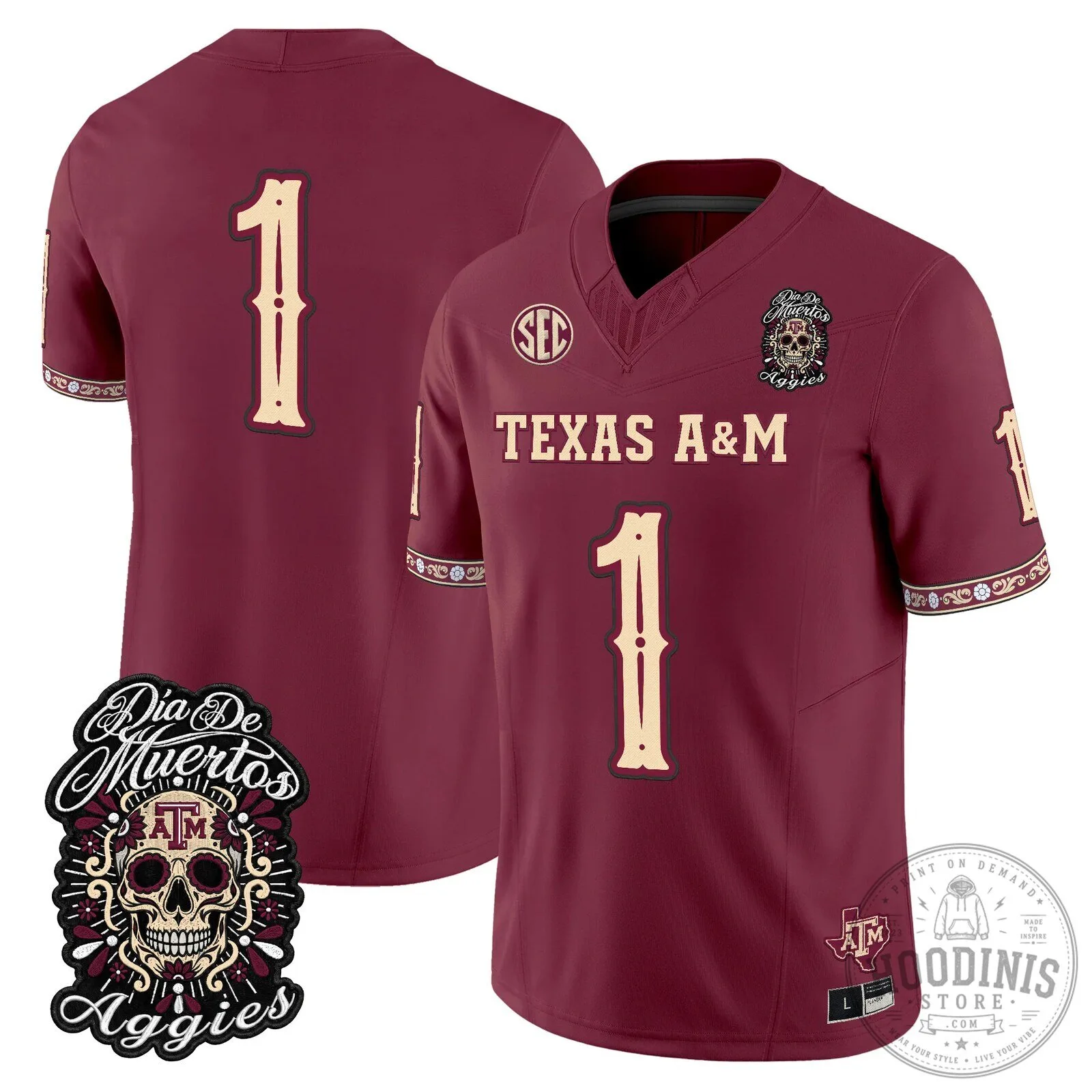 Football Jersey for Dia de los Muertos featuring Texas A&M Aggies 69 Football Jersey for Dia de los Muertos featuring Texas A&M Aggies