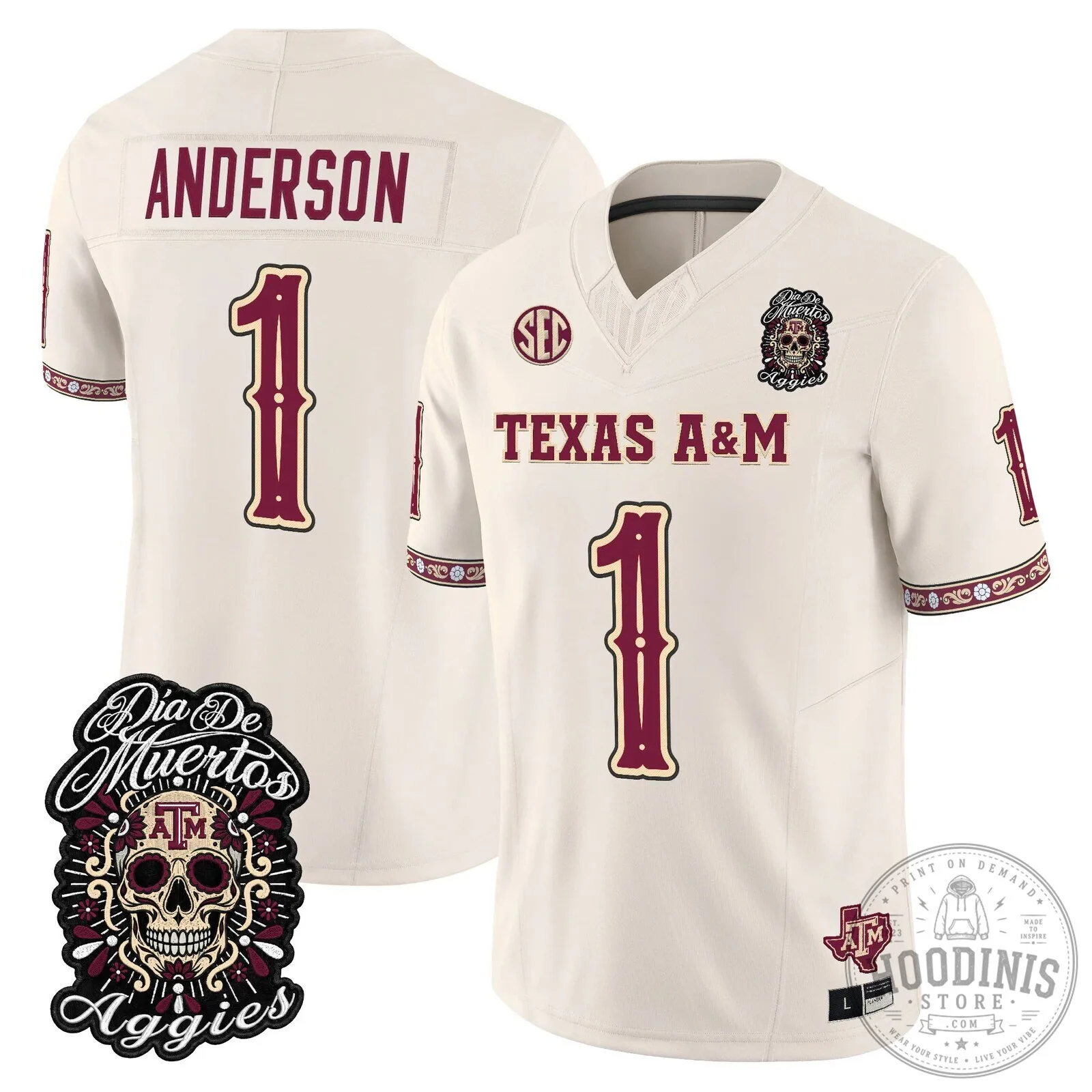 Football Jersey for Dia de los Muertos featuring Texas A&M Aggies 76 Football Jersey for Dia de los Muertos featuring Texas A&M Aggies
