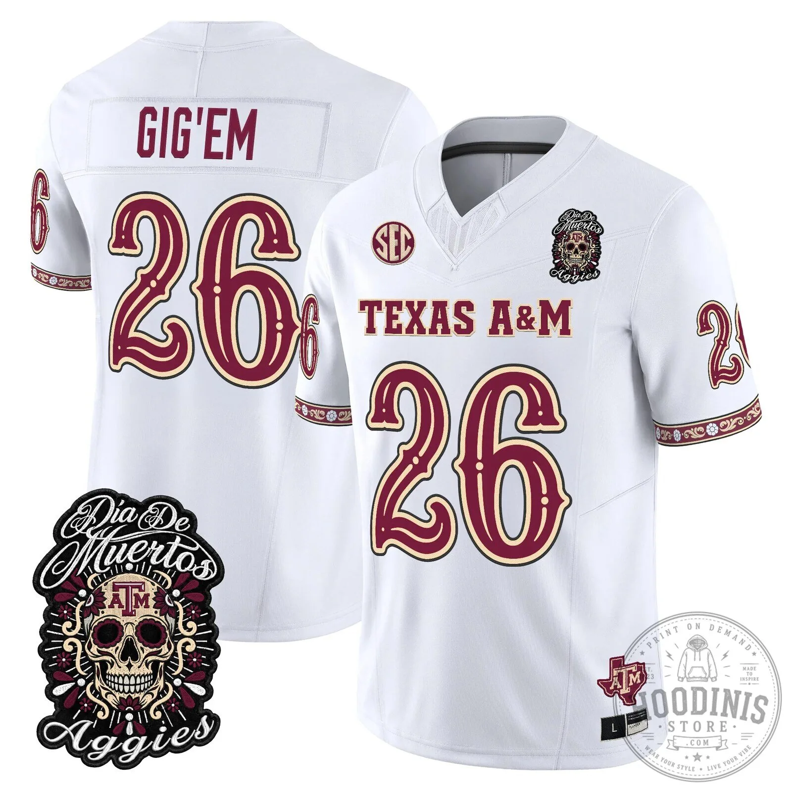 Football Jersey for Dia de los Muertos featuring Texas A&M Aggies 90 Football Jersey for Dia de los Muertos featuring Texas A&M Aggies