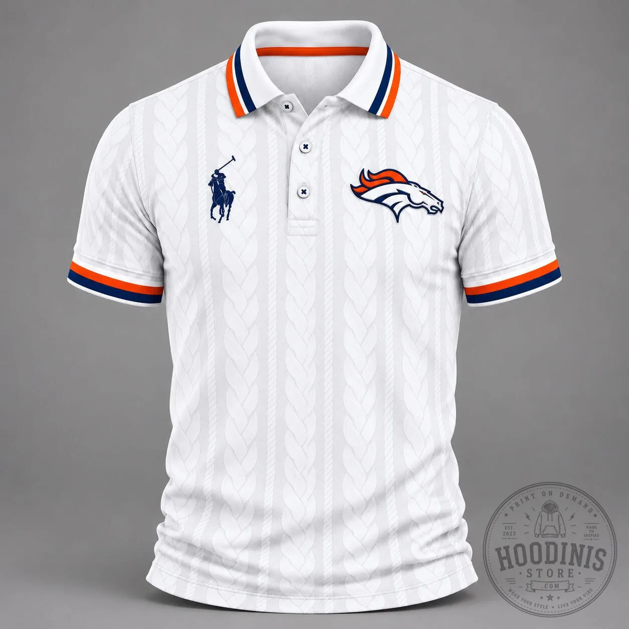 Denver Broncos NFL Football Team White Cable Knit Pattern Polo Shirt