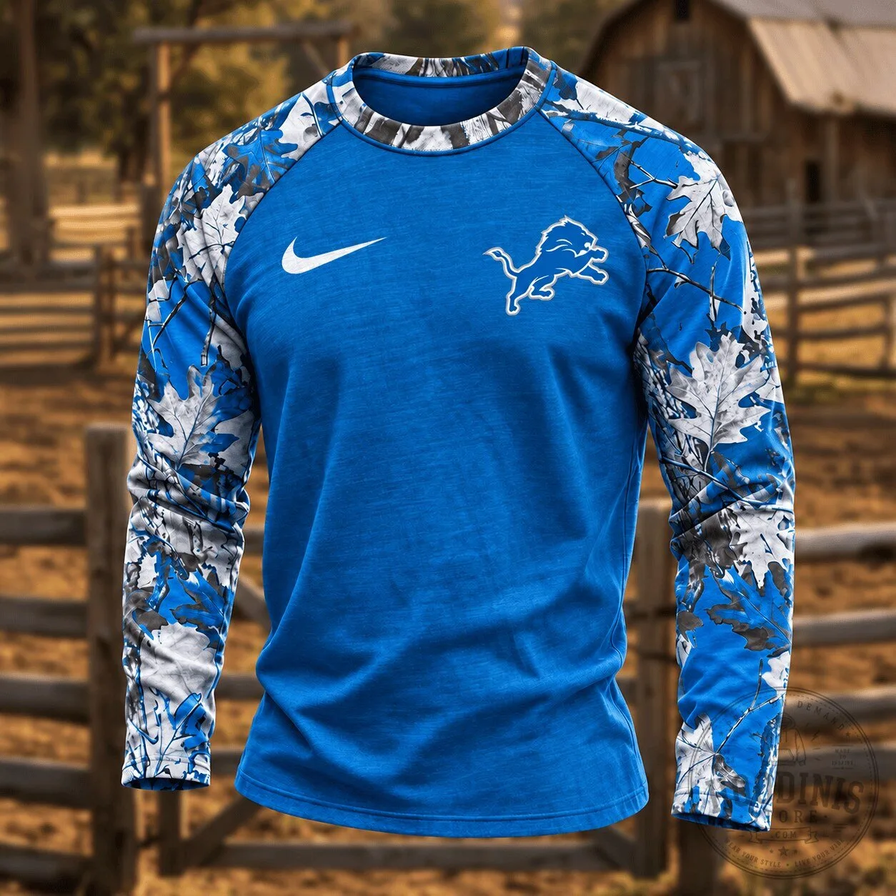 Detroit Lions Blue Camouflage Hunting Long Sleeve Shirt for Men