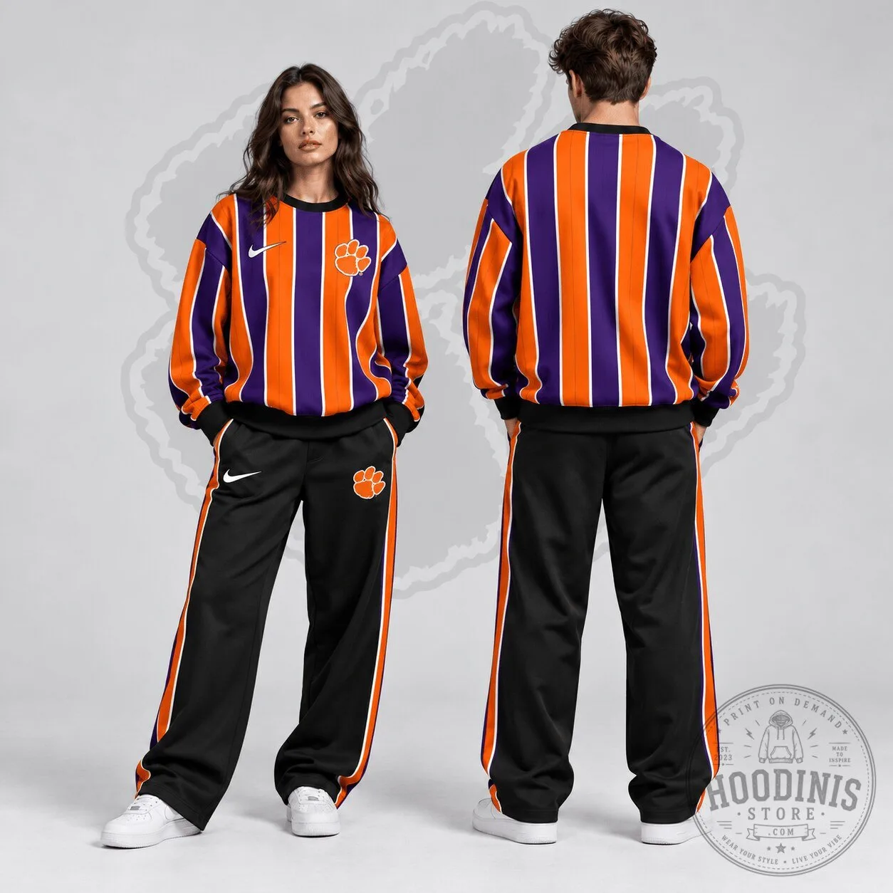 Clemson Tigers Vertical Stripe Crewneck Sweatshirt and Wide Leg Track Pants Set