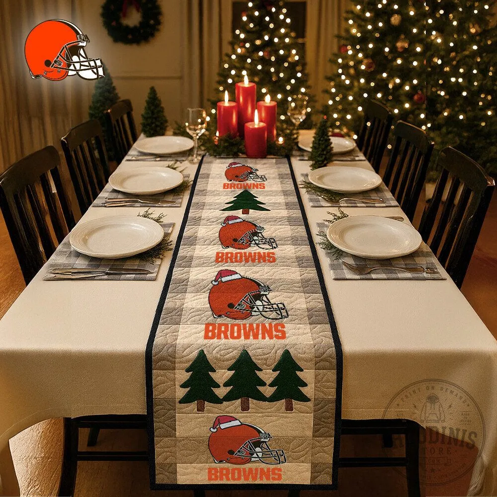 Cleveland Browns Football Team Christmas Holiday Plaid Table Runner Home Decor