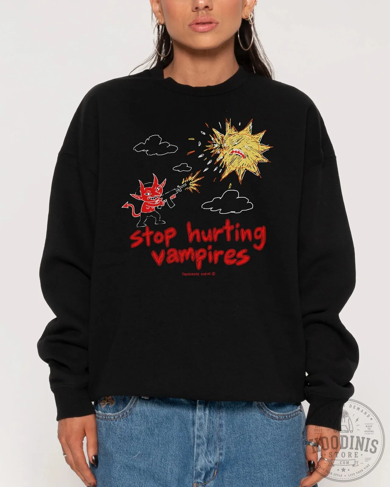Stop Hurting Vampires Demon Shooting Sun Funny Graphic Sweatshirt