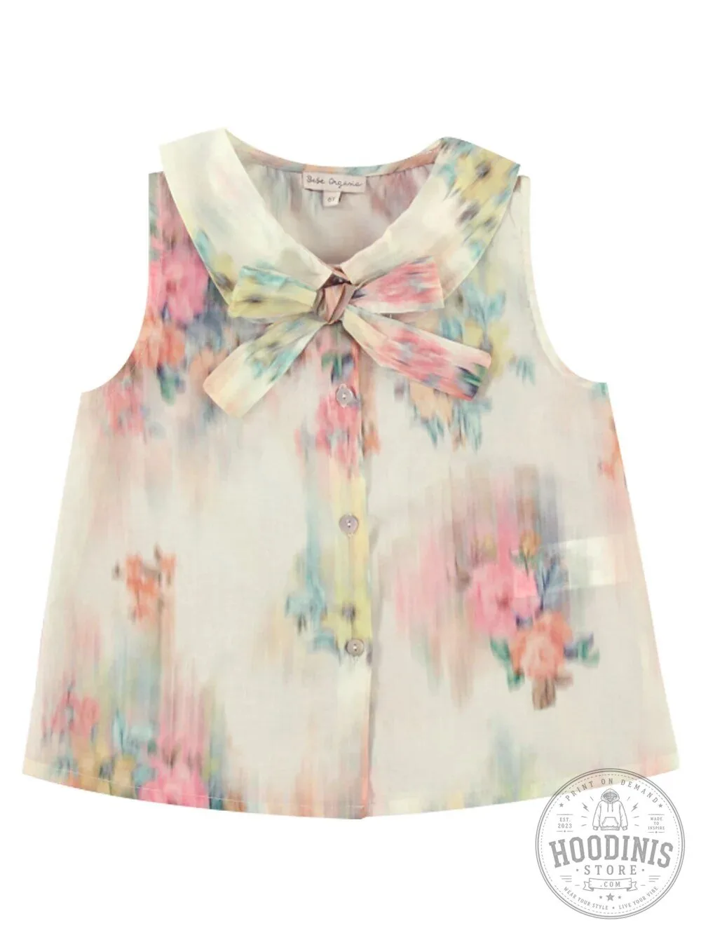 Watercolor Floral Sleeveless Blouse with Bow Tie Collar for Women